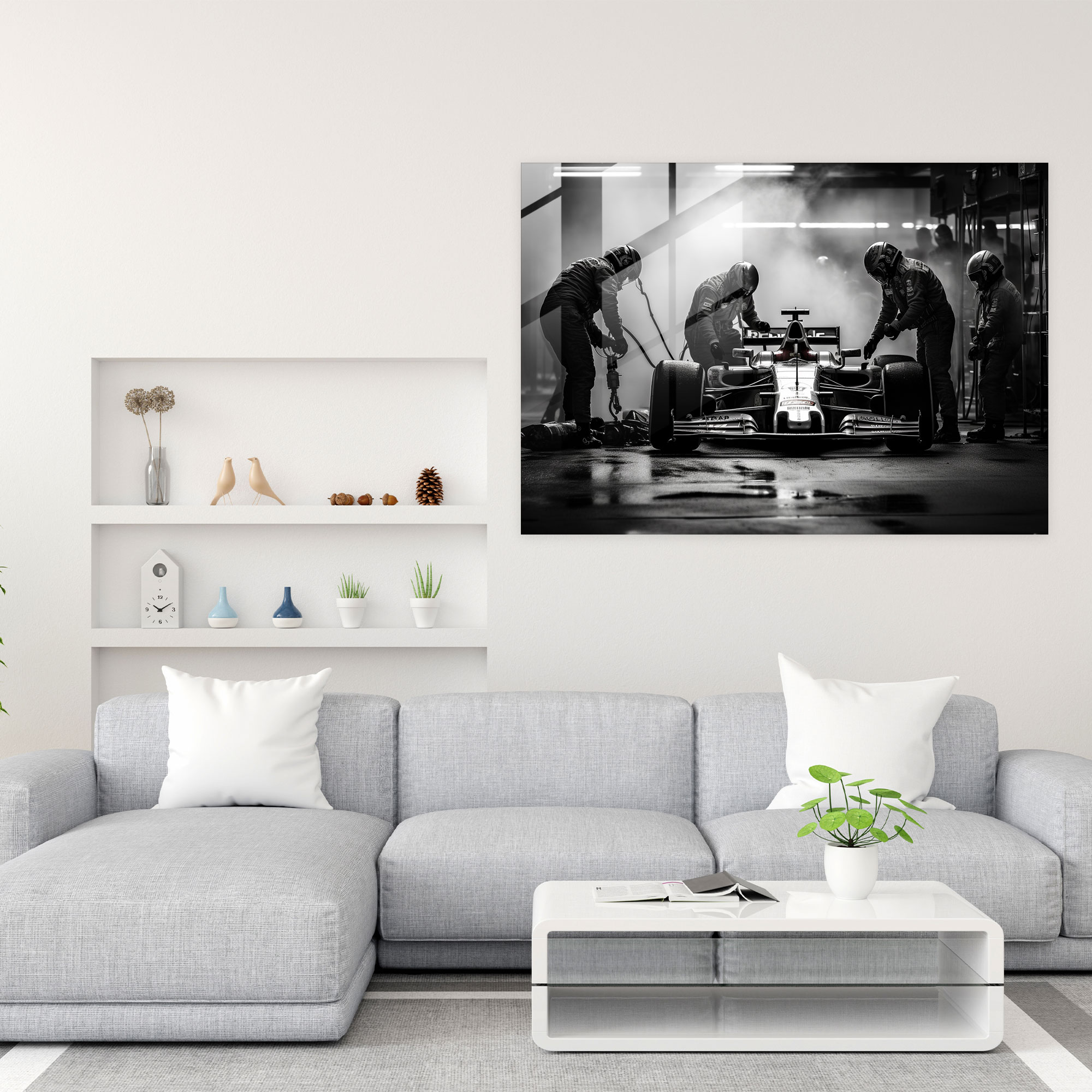 Formula 1 Pit Stop Glass Print - Formula 1, Glass Wall Art, Black And White Photograph, Formula 1