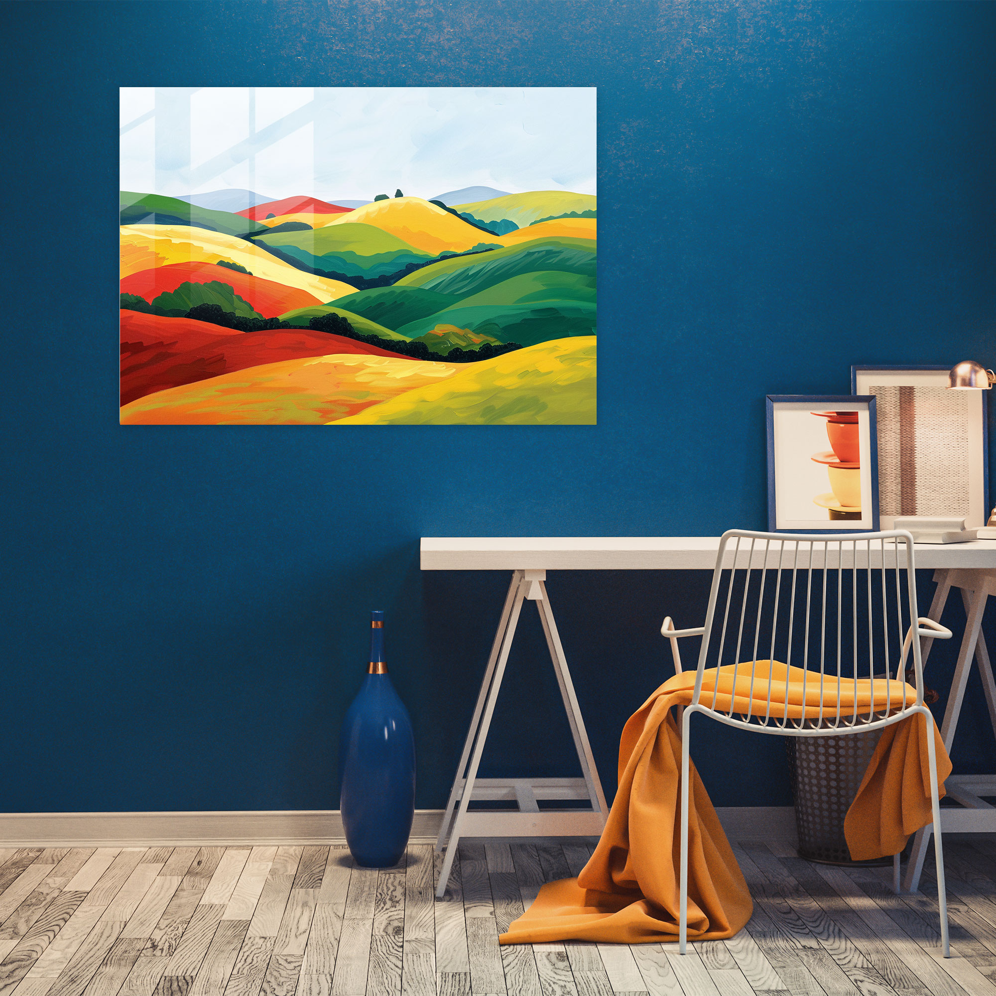Fovism Glass Print: Vibrant Rolling Hills - Fovism, Glass Wall Art, Fovism Art Style, Wall Decoration