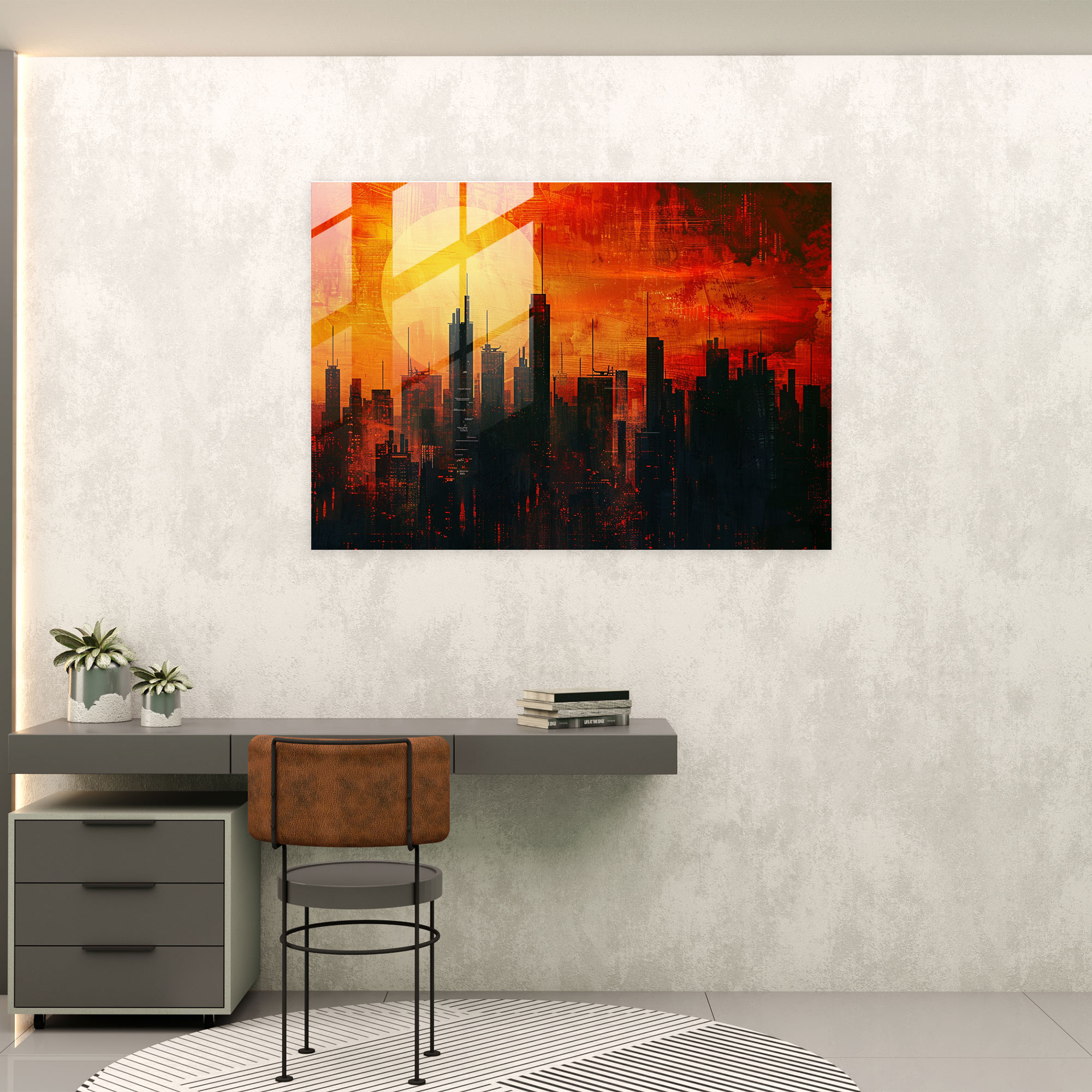 Fovism Glass Print: Sunset City Skyline - Fovism, Fovism Art Style, Modern Art, Home Decoration