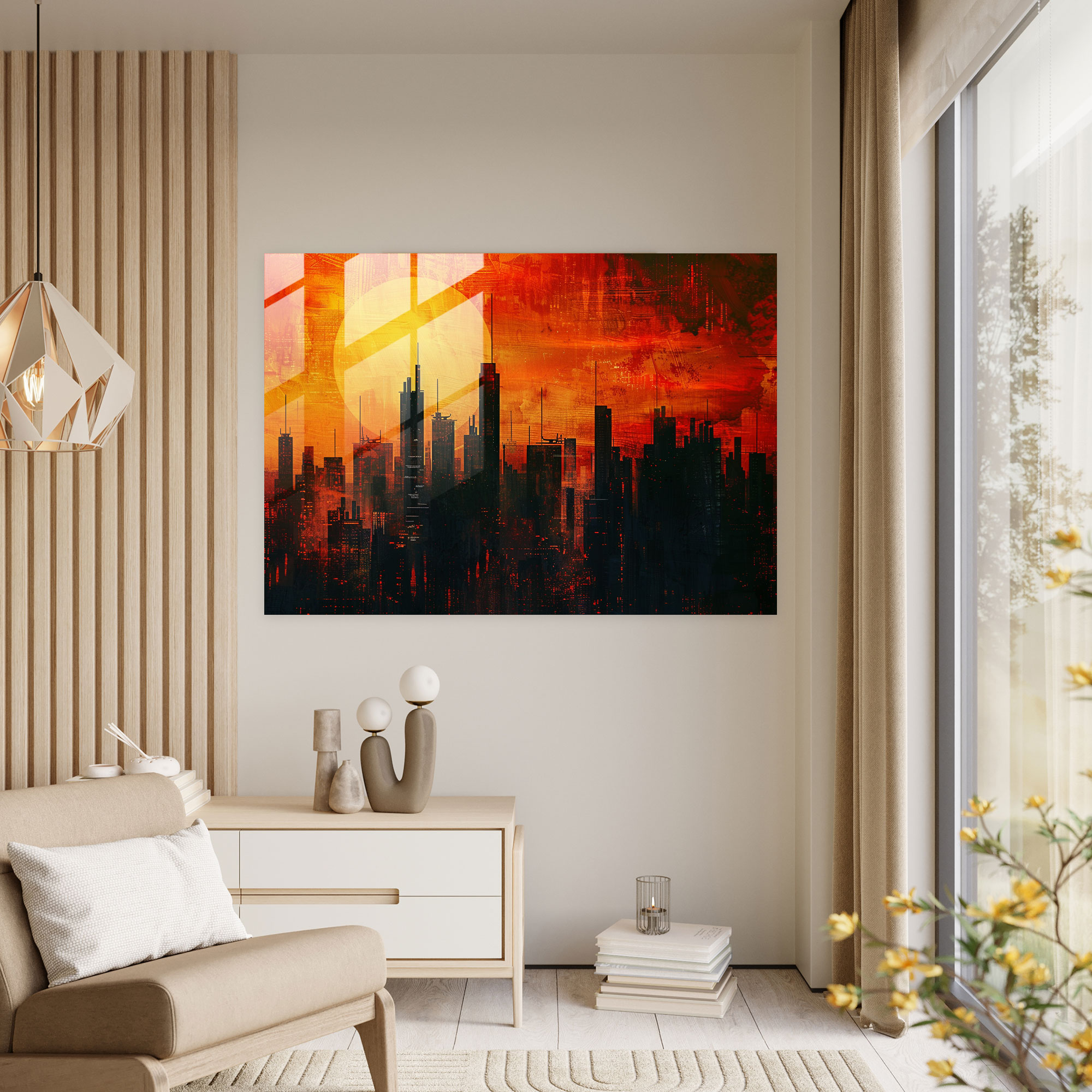 Fovism Glass Print: Sunset City Skyline - Fovism, Fovism Art Style, Modern Art, Home Decoration