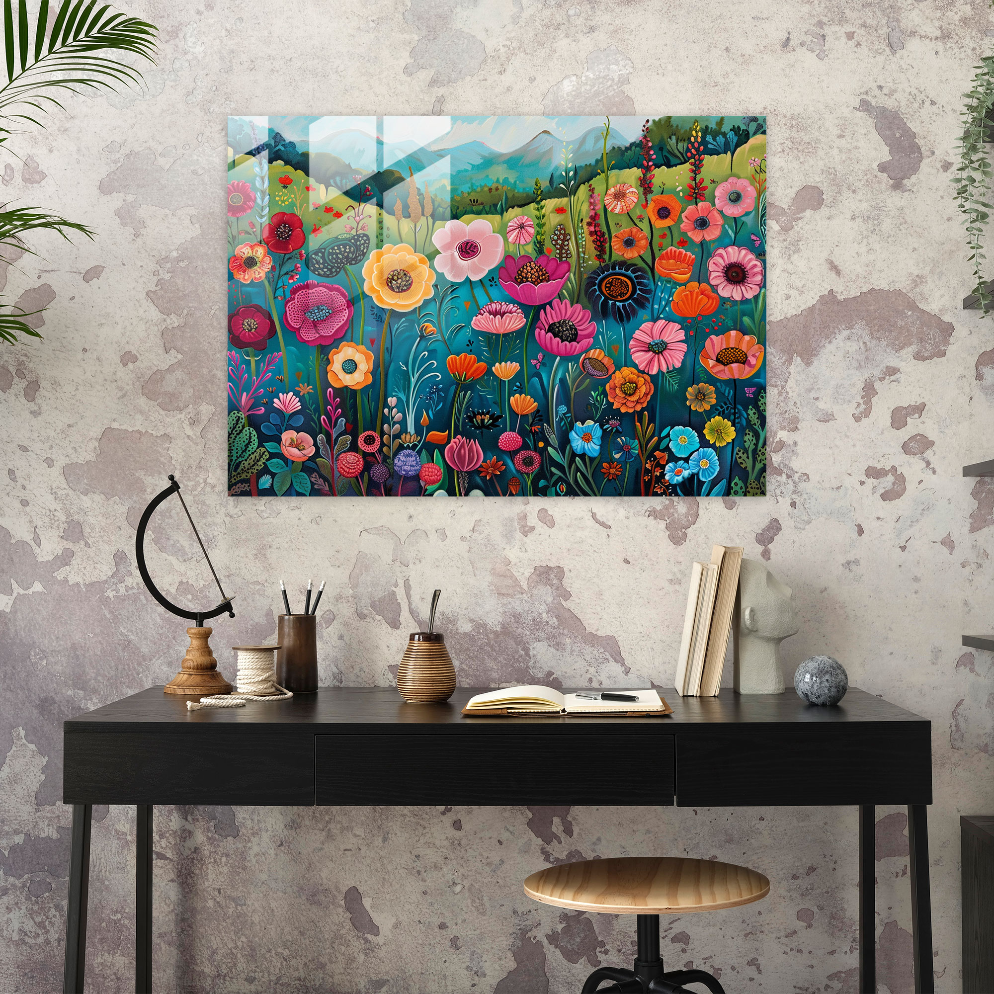 Fovism Glass Print: Whimsical Garden Flowers - Fovism, Wall Decoration, Home Decoration, Glass Print