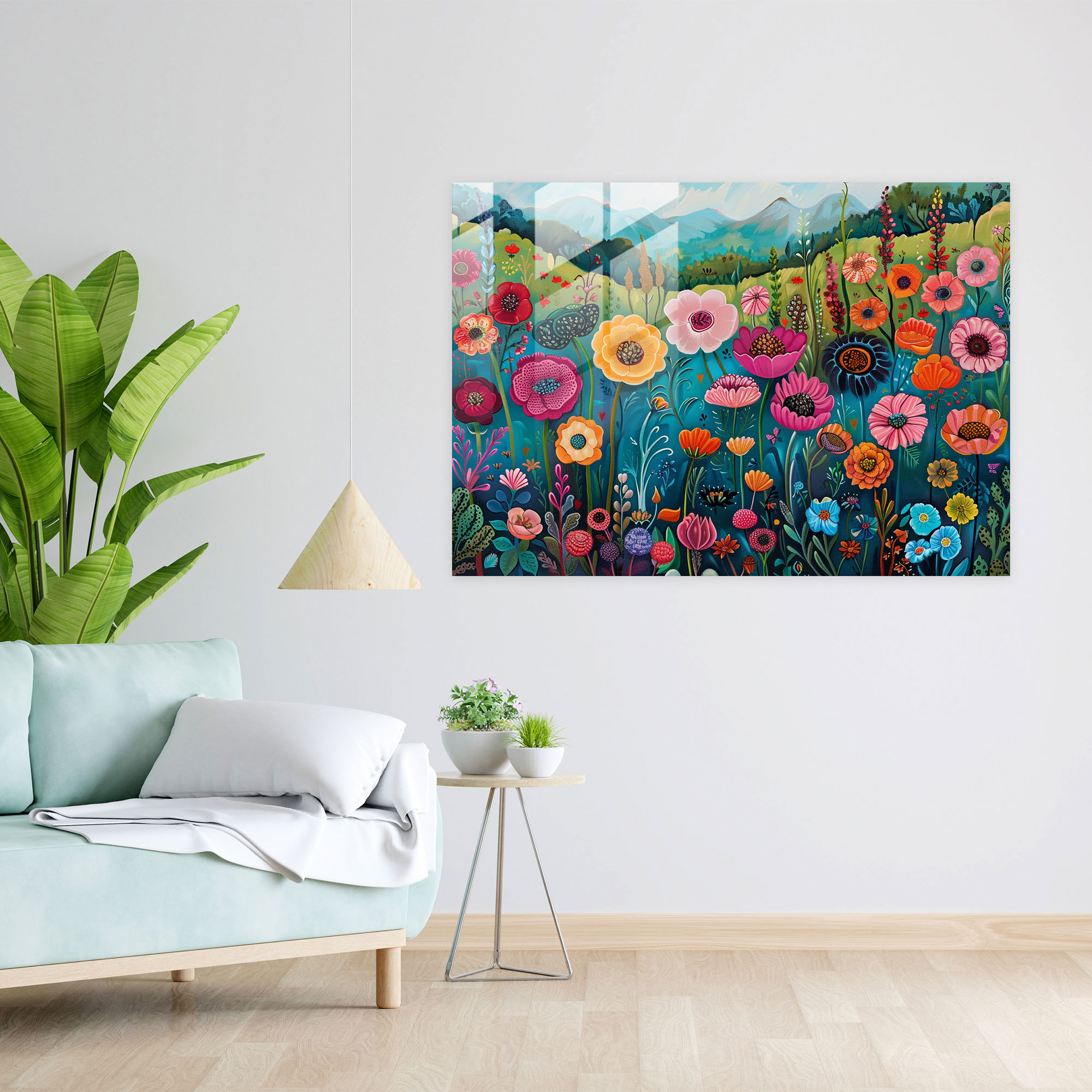 Fovism Glass Print: Whimsical Garden Flowers - Fovism, Wall Decoration, Home Decoration, Glass Print
