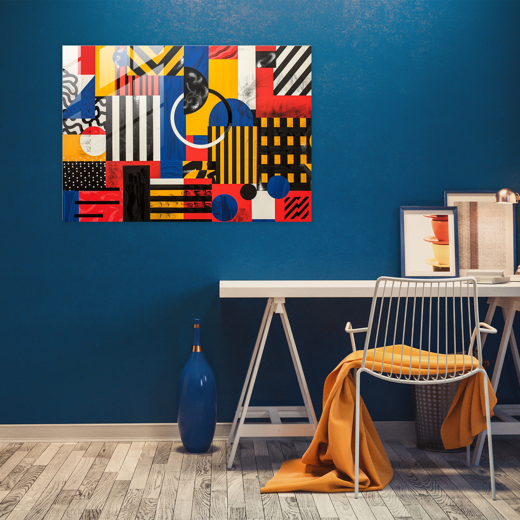Fovism Glass Print: Geometric Primary Patterns - Fovism, Fovism Art Style, Modern Art, Glass Wall Art