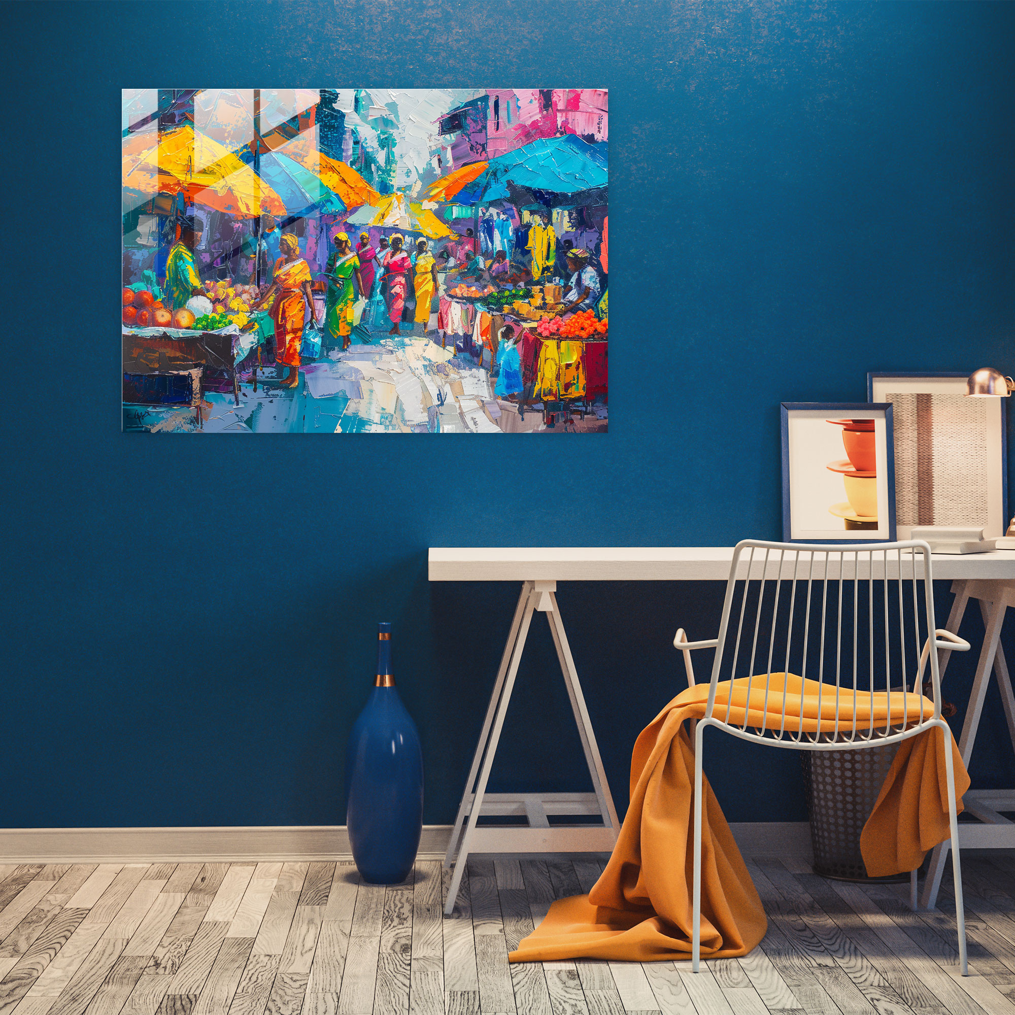 Fovism Glass Print: Street Market Vibrance - Fovism, Glass Print, Home Decoration, Wall Decoration