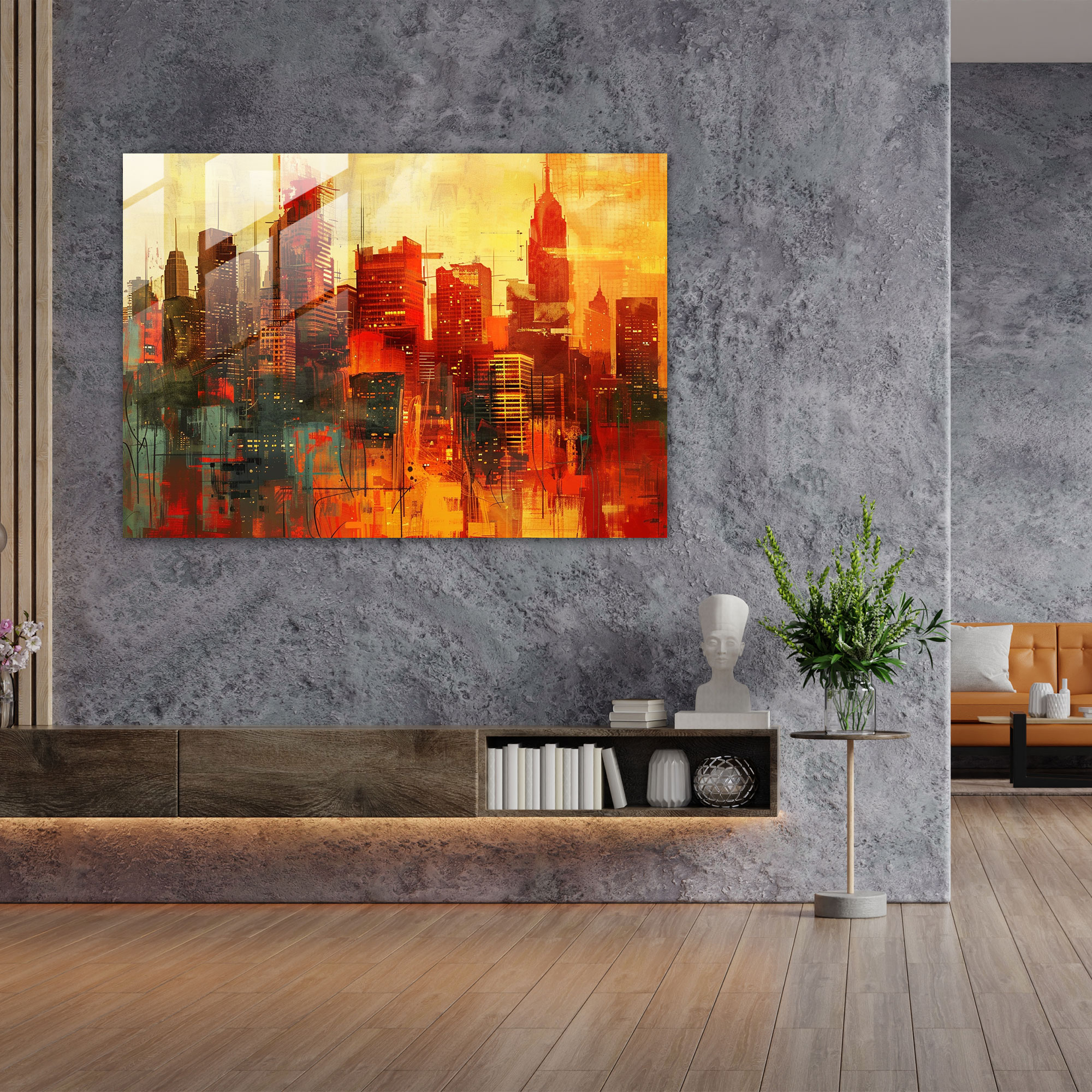 Fovism Glass Print: Warm Abstract Cityscape - Fovism, Fovism Art Style, Modern Art, Wall Decoration