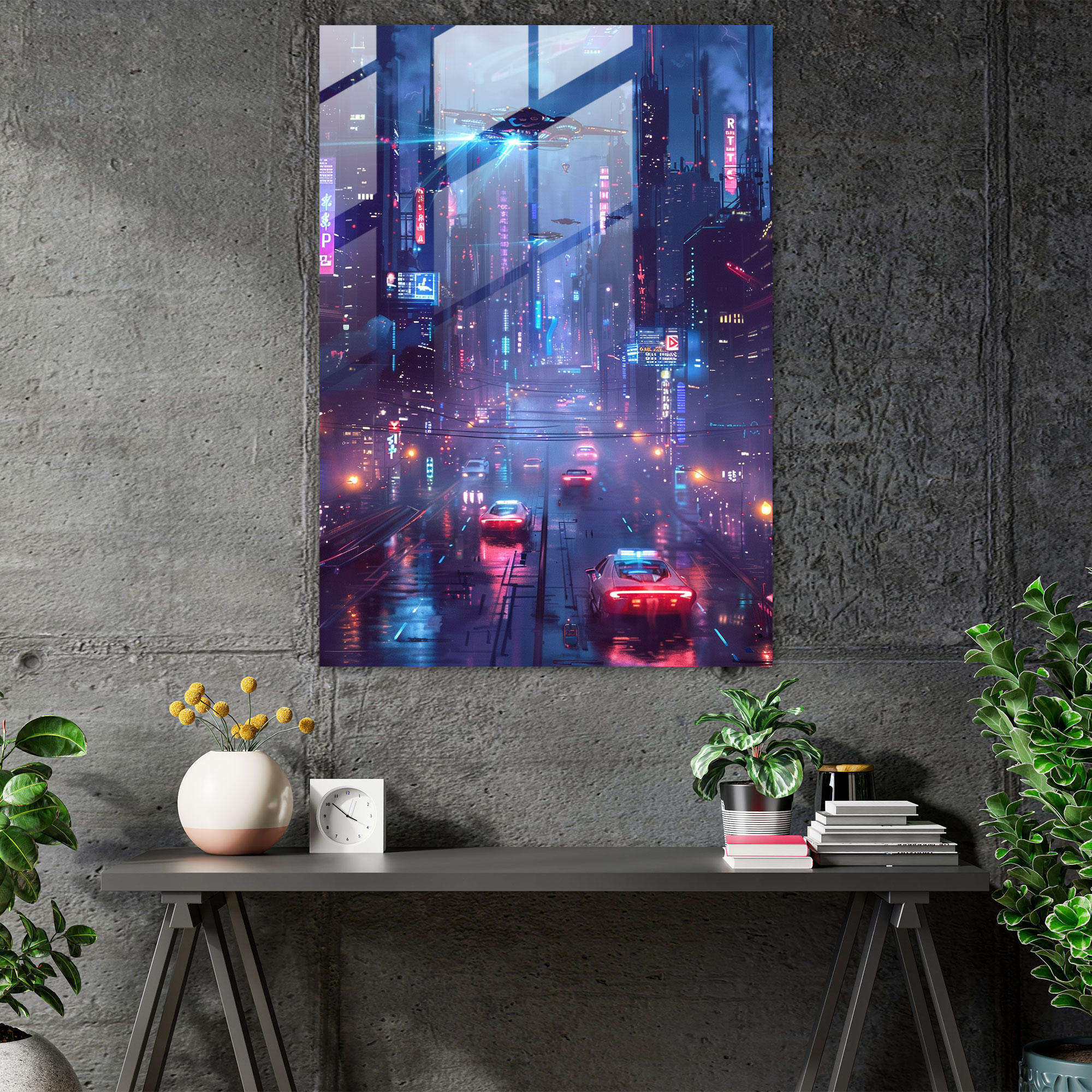 Neon City Glass Wall Art - Futurism, Flying Cars, Futurism Art Style, Glass Wall Art