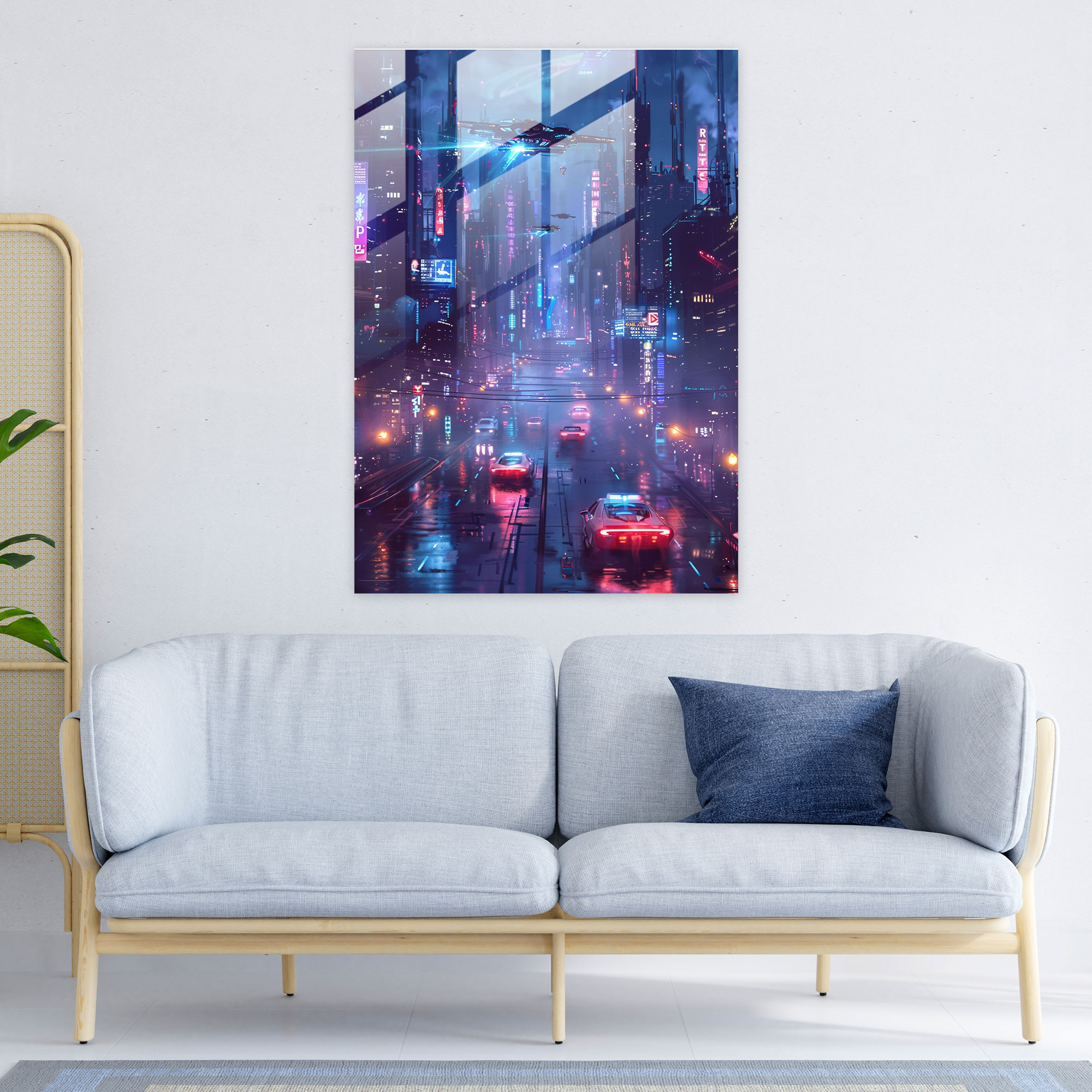Neon City Glass Wall Art - Futurism, Flying Cars, Futurism Art Style, Glass Wall Art