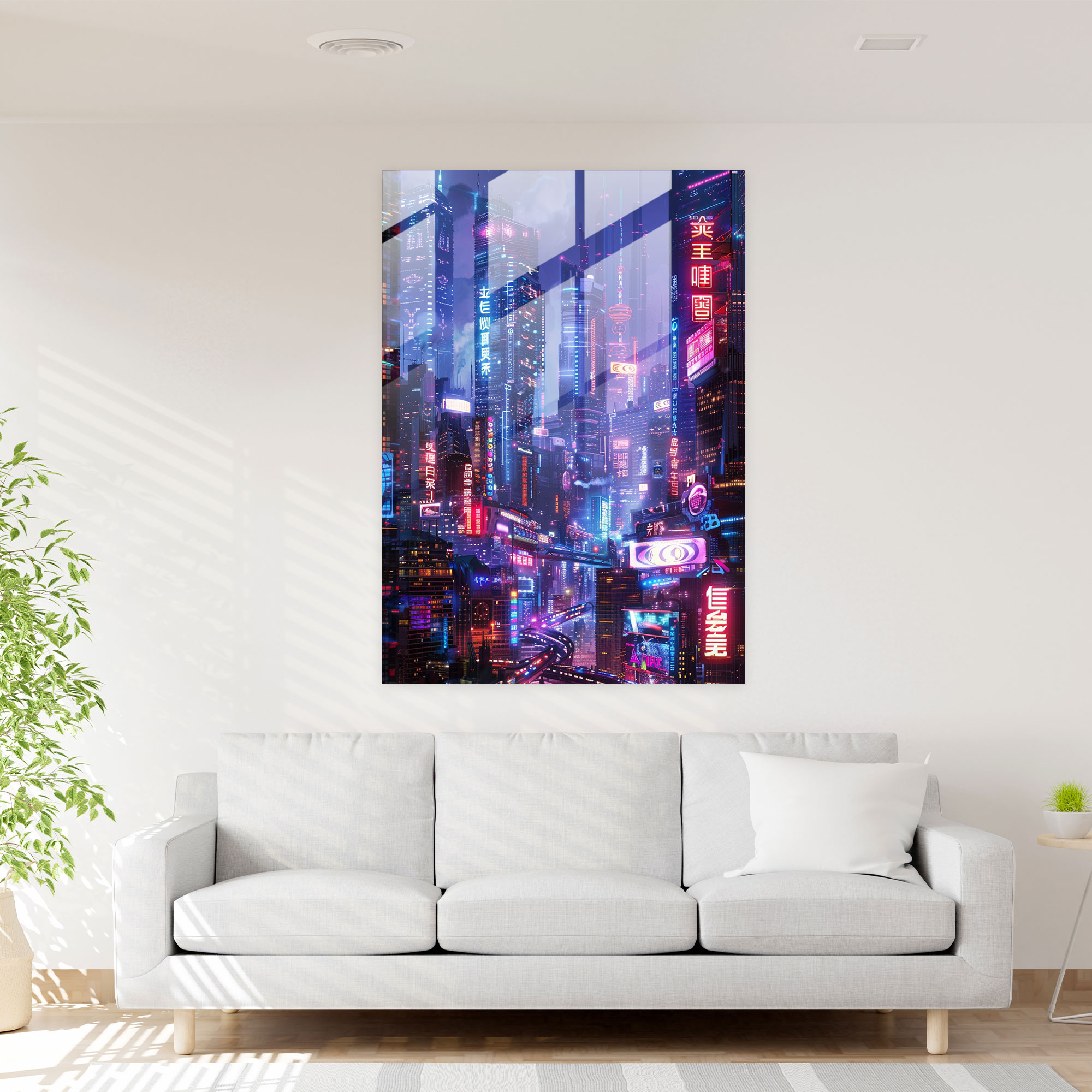 Cyberpunk Glass Art - Futurism, Glass Print, City Skyline, Modern Art