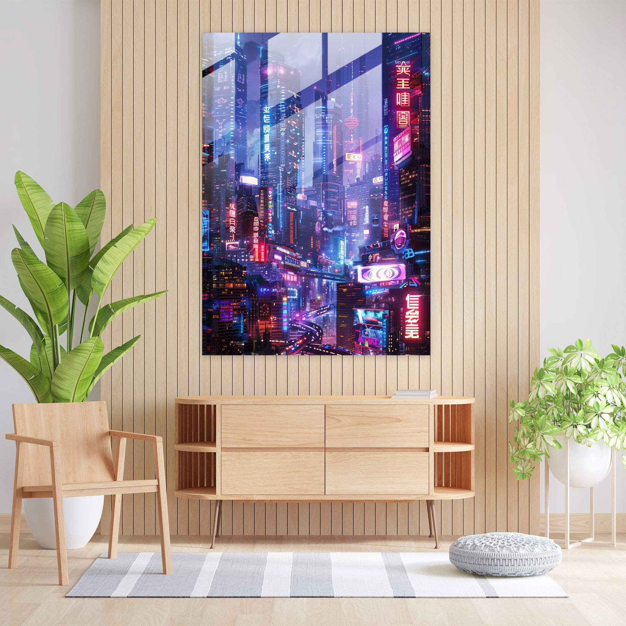Cyberpunk Glass Art - Futurism, Glass Print, City Skyline, Modern Art