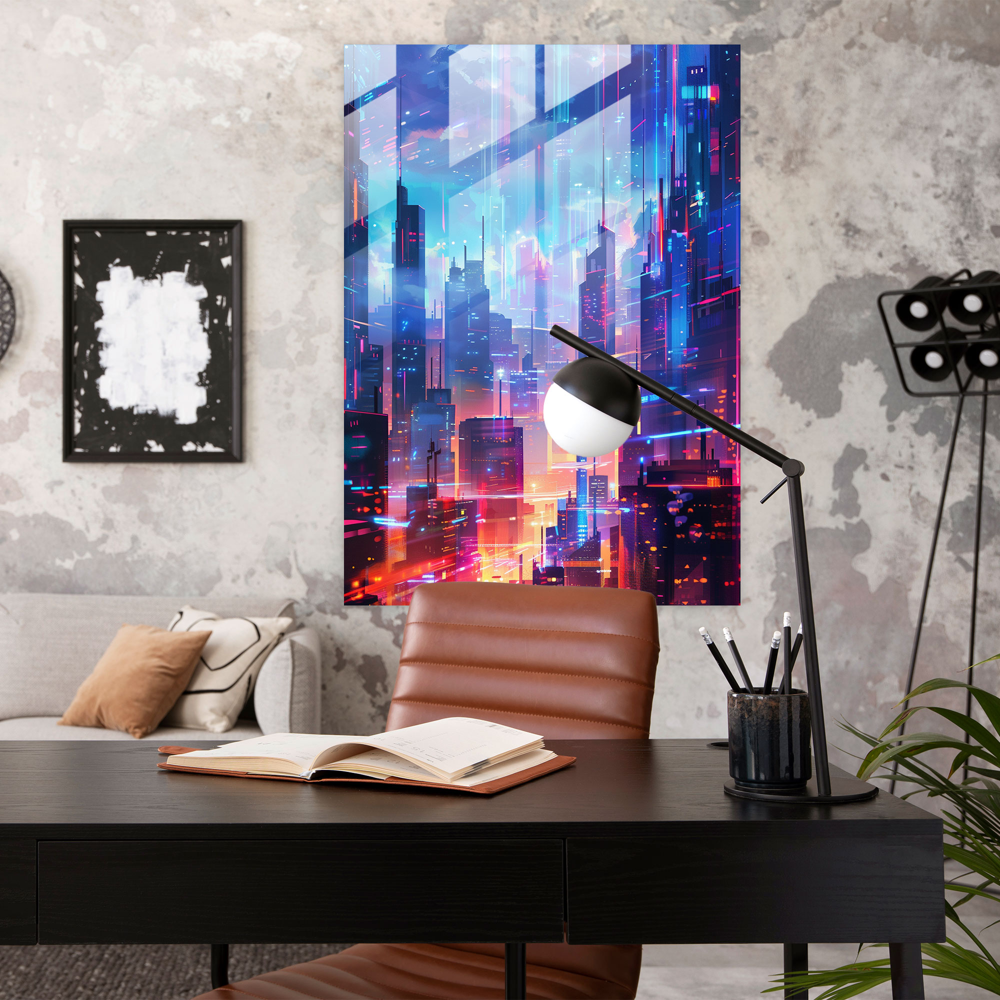 Holographic Skyline Glass Wall Art - Futurism, Home Decoration, Holographic Projections, Sleek Buildings