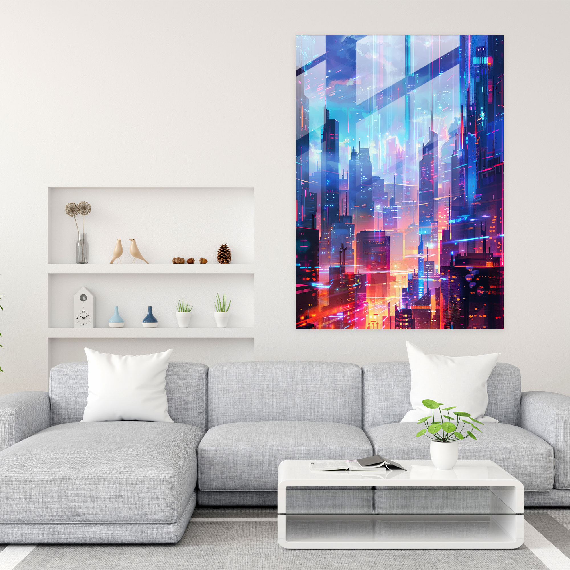 Holographic Skyline Glass Wall Art - Futurism, Home Decoration, Holographic Projections, Sleek Buildings