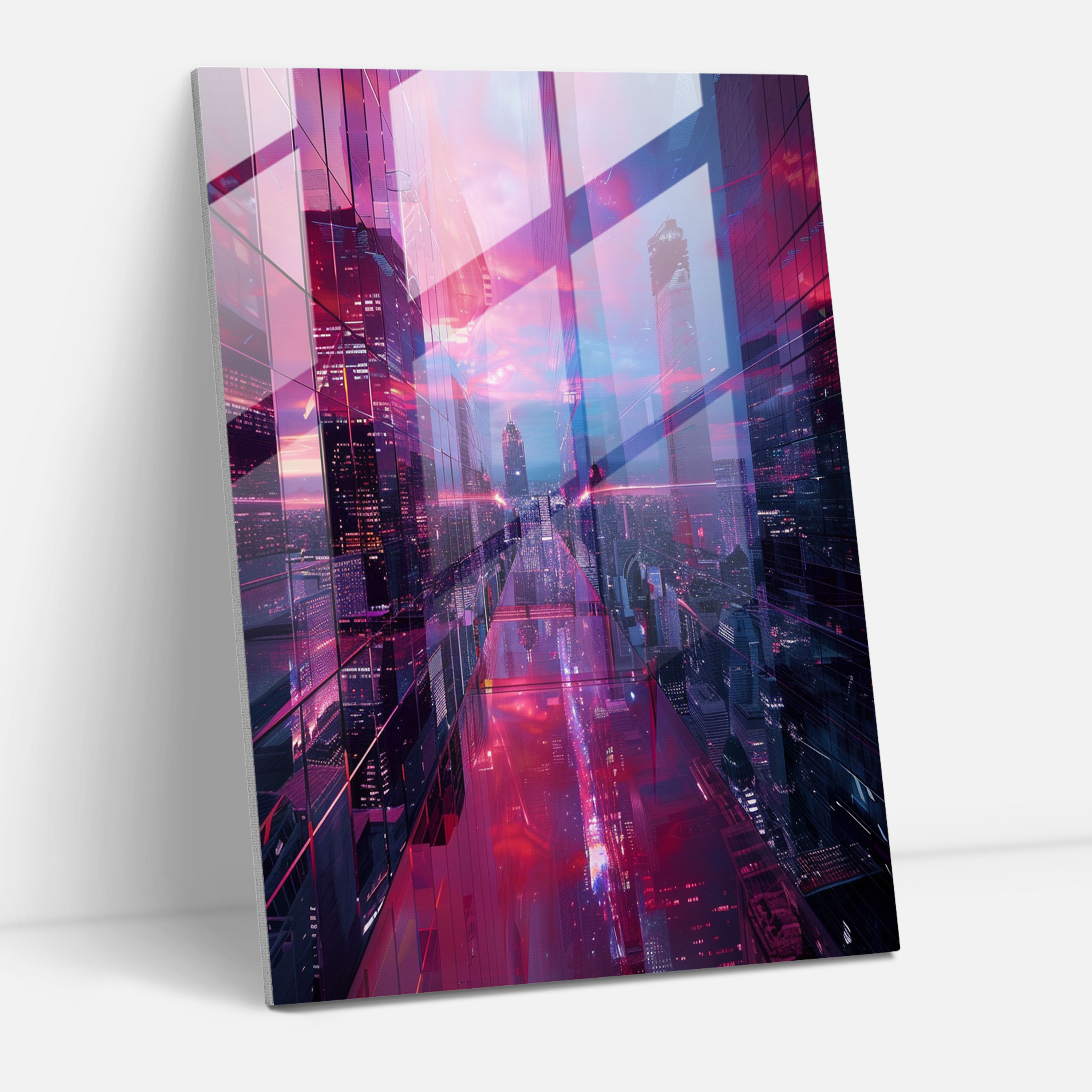 Futurism Home Decoration - Futuristic Cityscape With Neon Lights - Futurism, Home Decoration, Glass Art, Glass Wall Art