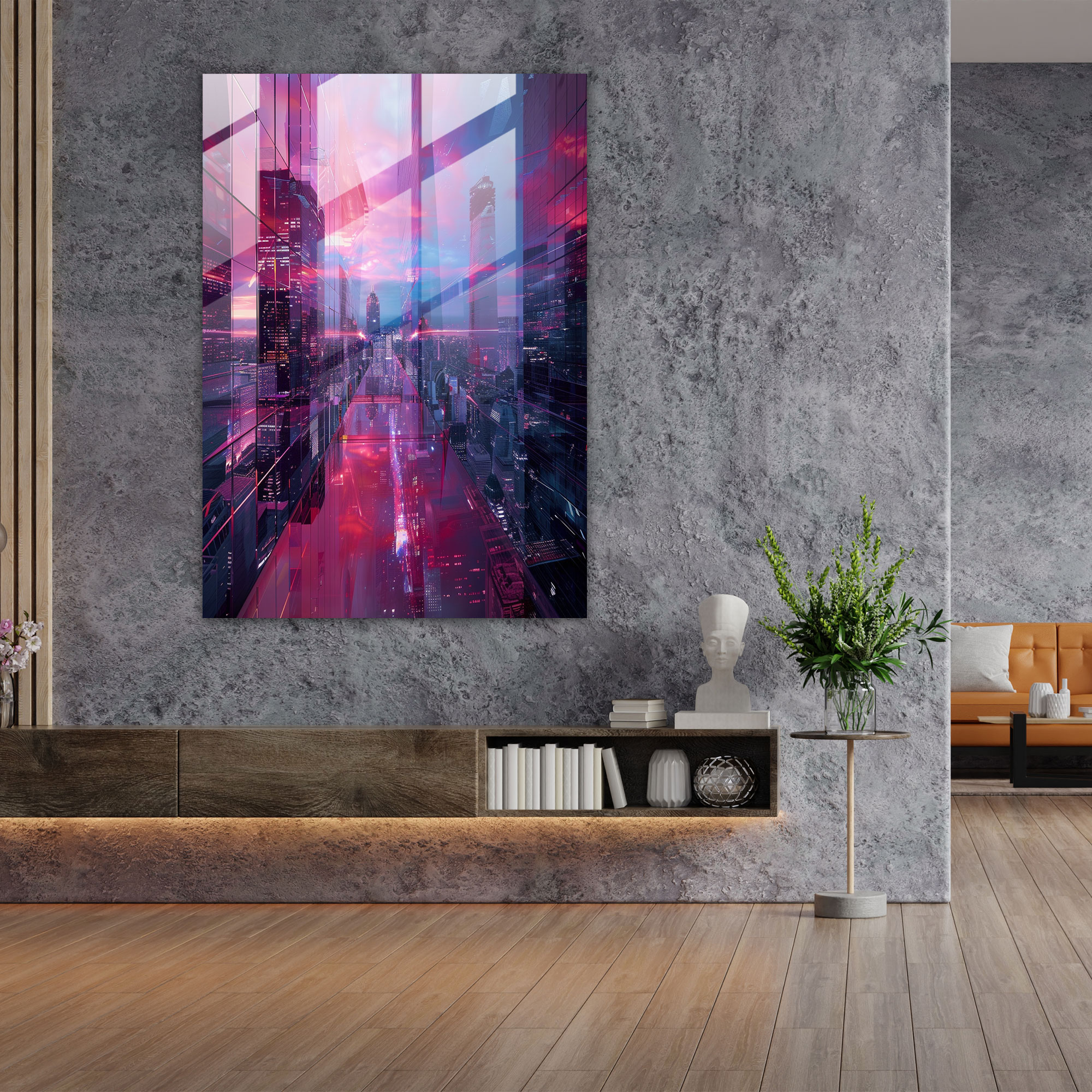 Futurism Home Decoration - Futuristic Cityscape With Neon Lights - Futurism, Home Decoration, Glass Art, Glass Wall Art