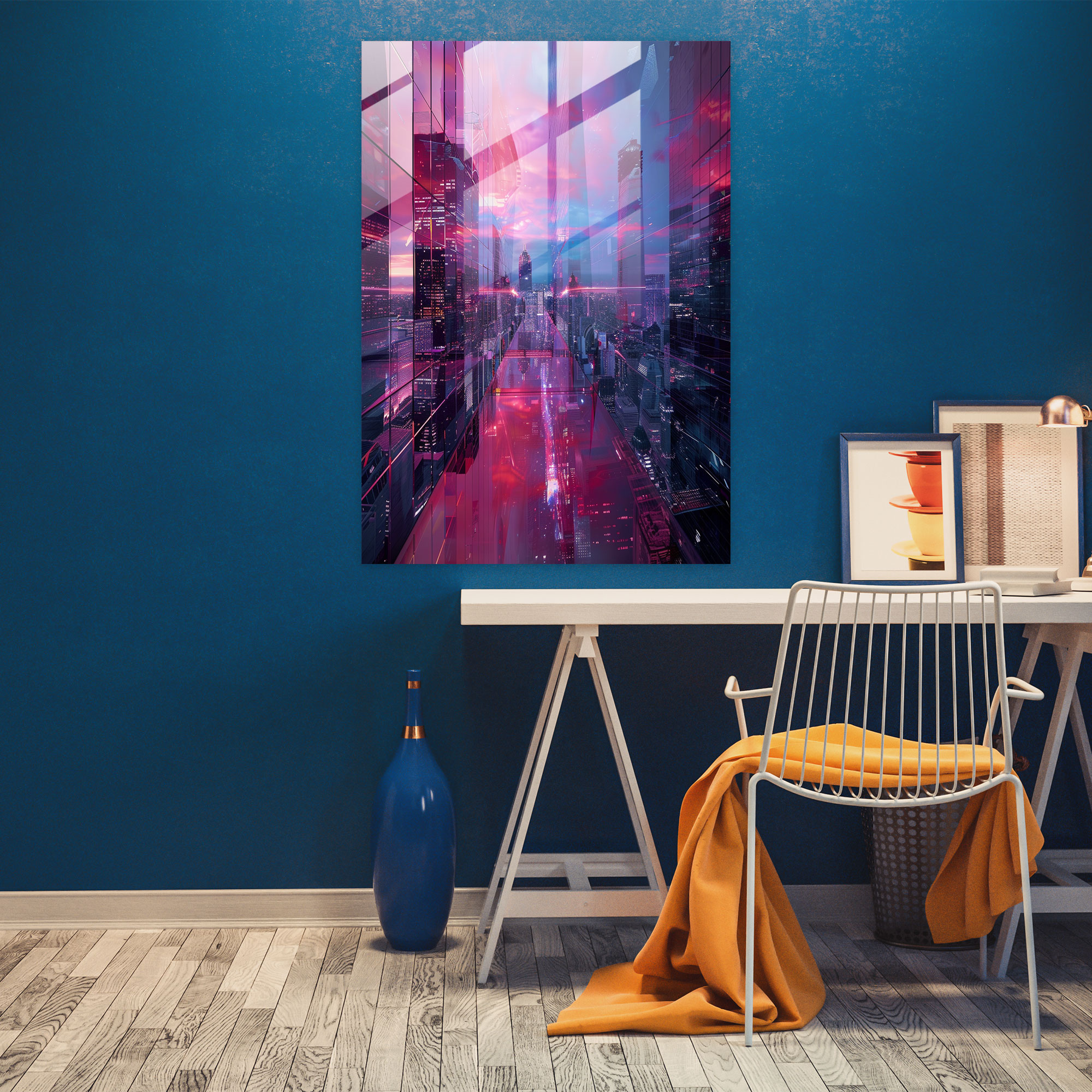 Futurism Home Decoration - Futuristic Cityscape With Neon Lights - Futurism, Home Decoration, Glass Art, Glass Wall Art