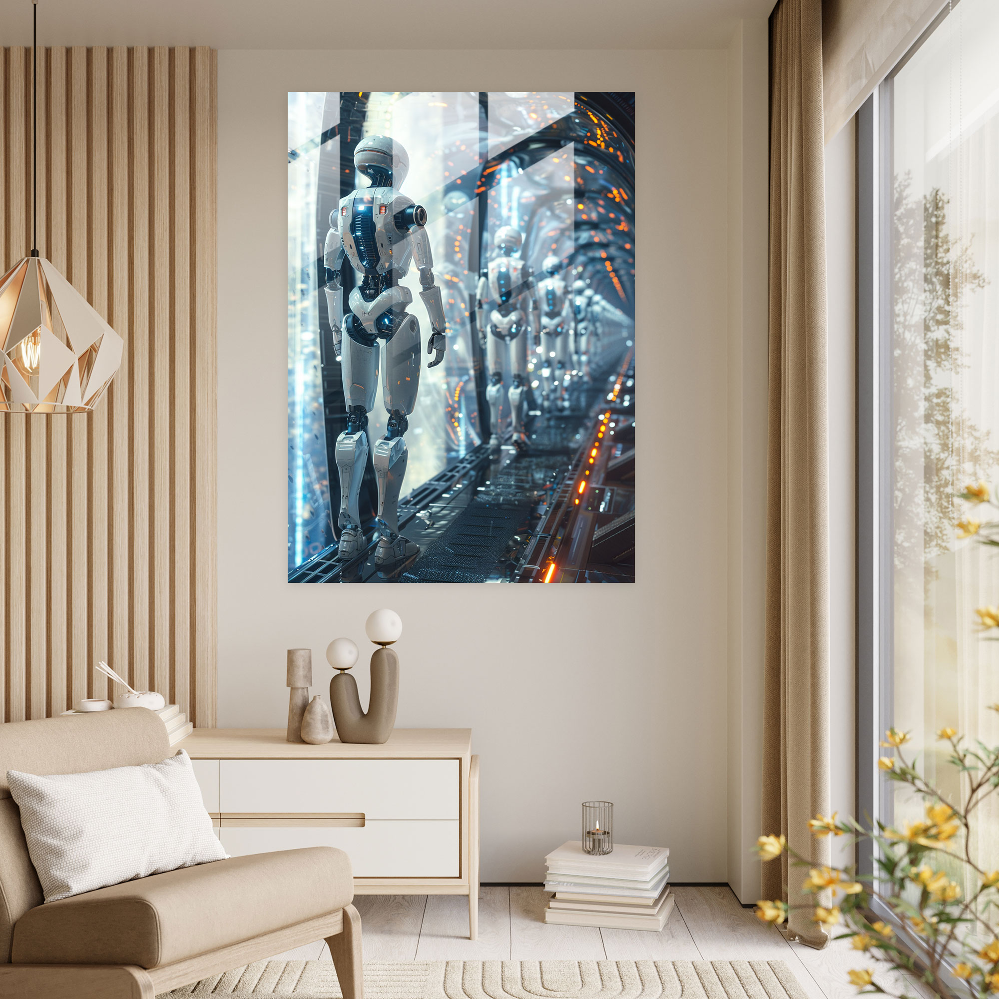 Futurism Wall Decoration - Robotic Figures In A Futuristic Setting - Futurism, Futurism Art Style, Wall Decoration, Glass Print