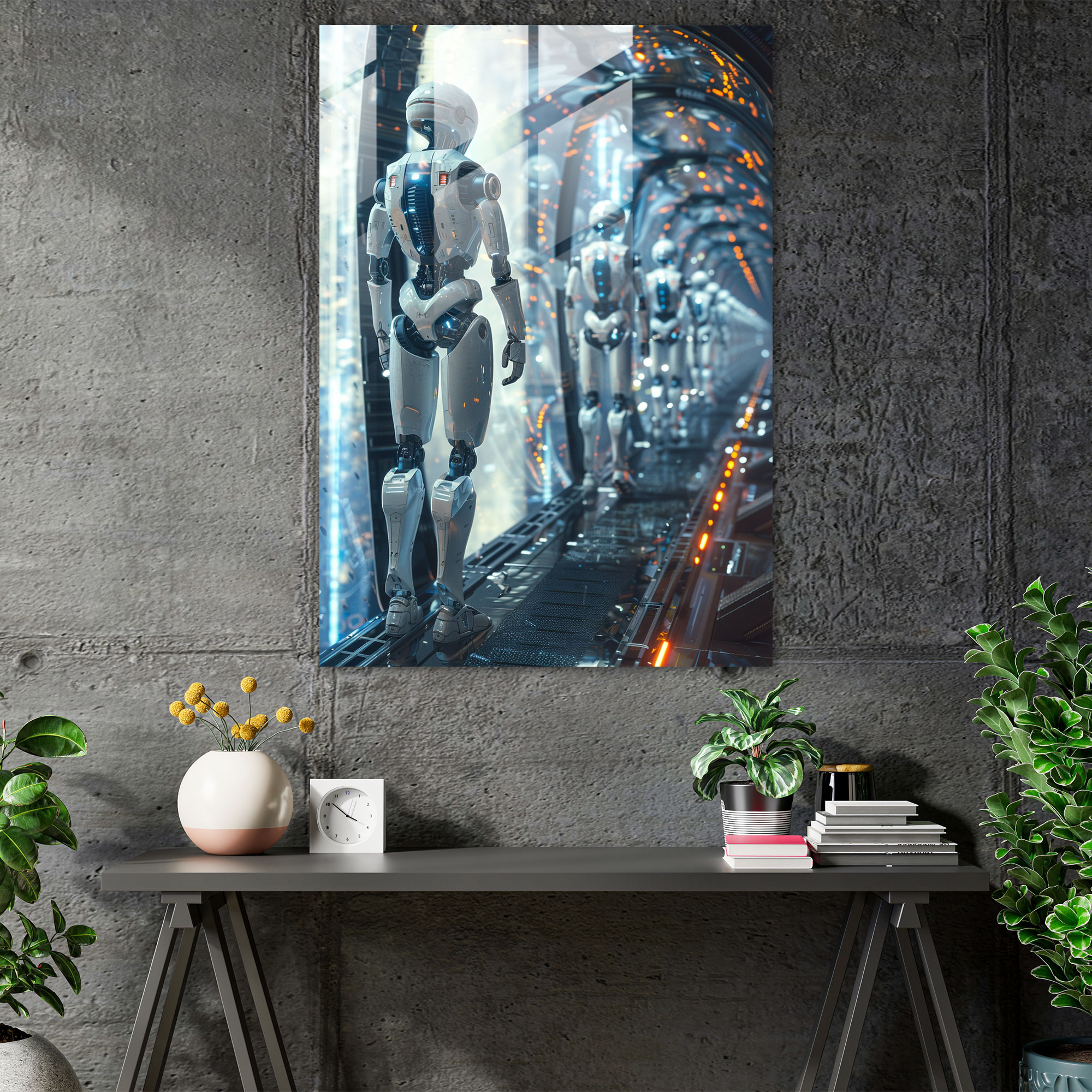 Futurism Wall Decoration - Robotic Figures In A Futuristic Setting - Futurism, Futurism Art Style, Wall Decoration, Glass Print