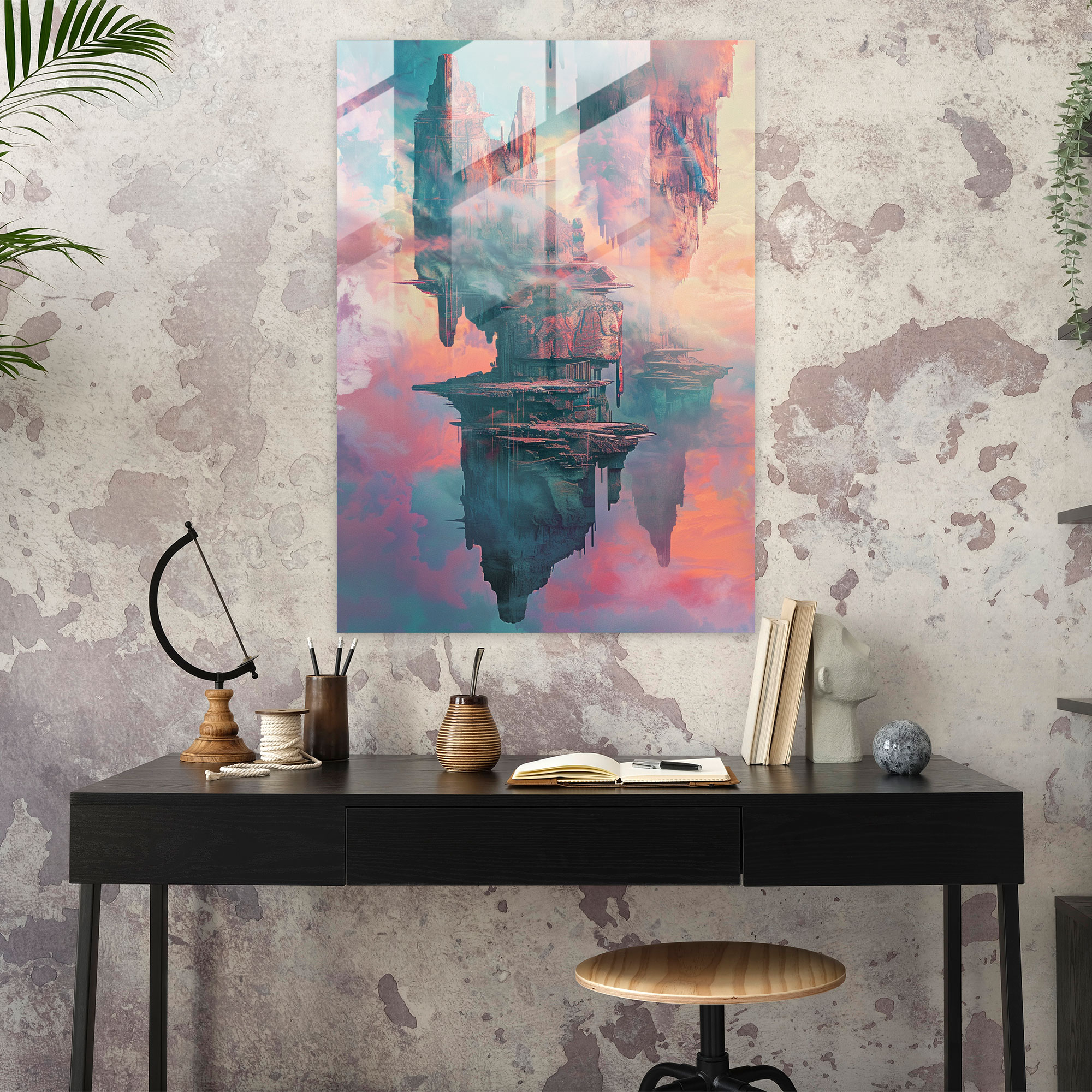 Futurism Glass Wall Art - Surreal Landscapes With Floating Structures - Futurism, Modern Art, Glass Print, Futurism Art Style