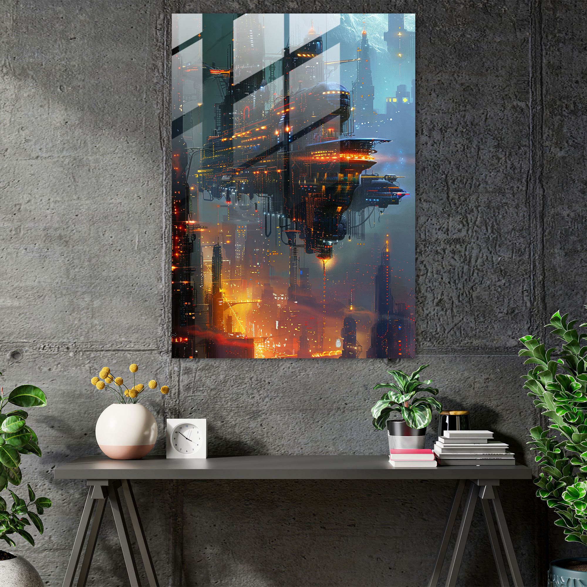 Futurism Home Decoration Glass Print - Futurism, Landscape, Floating Buildings, Home Decoration
