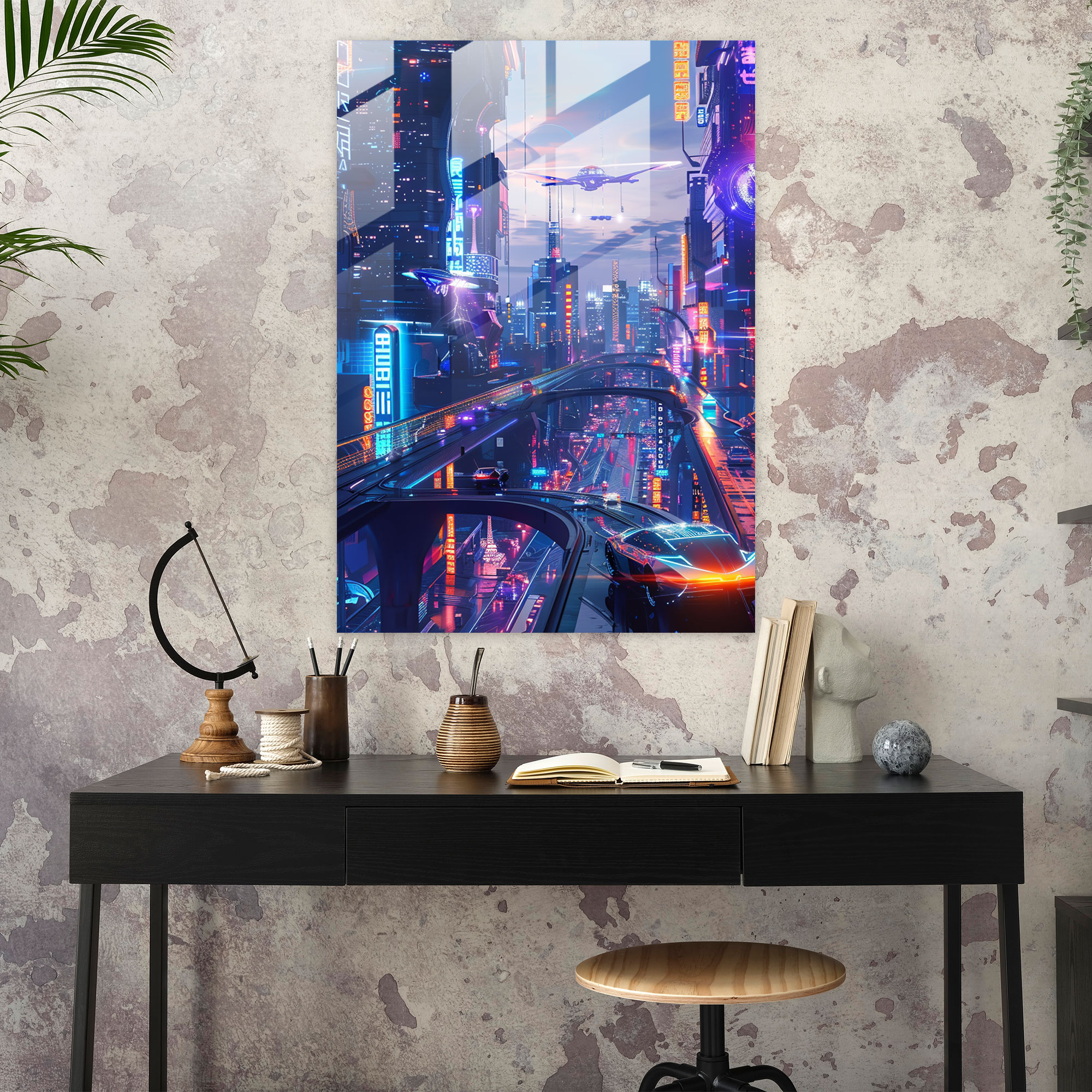 Futurism Art Style Glass Print - Neon Cityscape - Futurism, Glass Print, Futurism Art Style, Wall Decoration