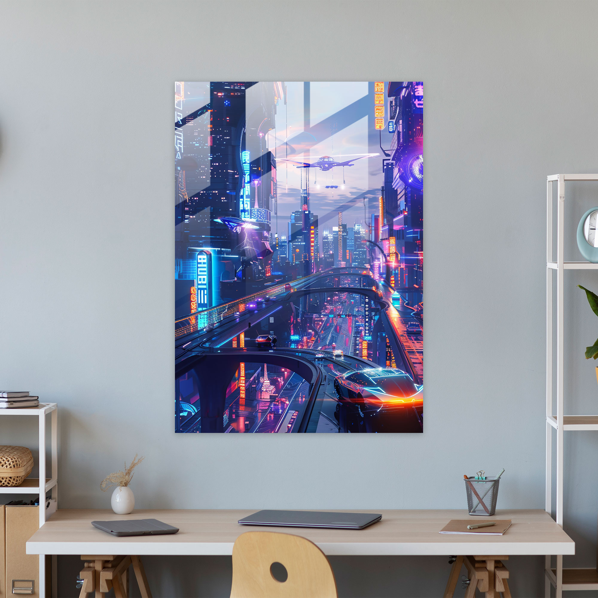 Futurism Art Style Glass Print - Neon Cityscape - Futurism, Glass Print, Futurism Art Style, Wall Decoration