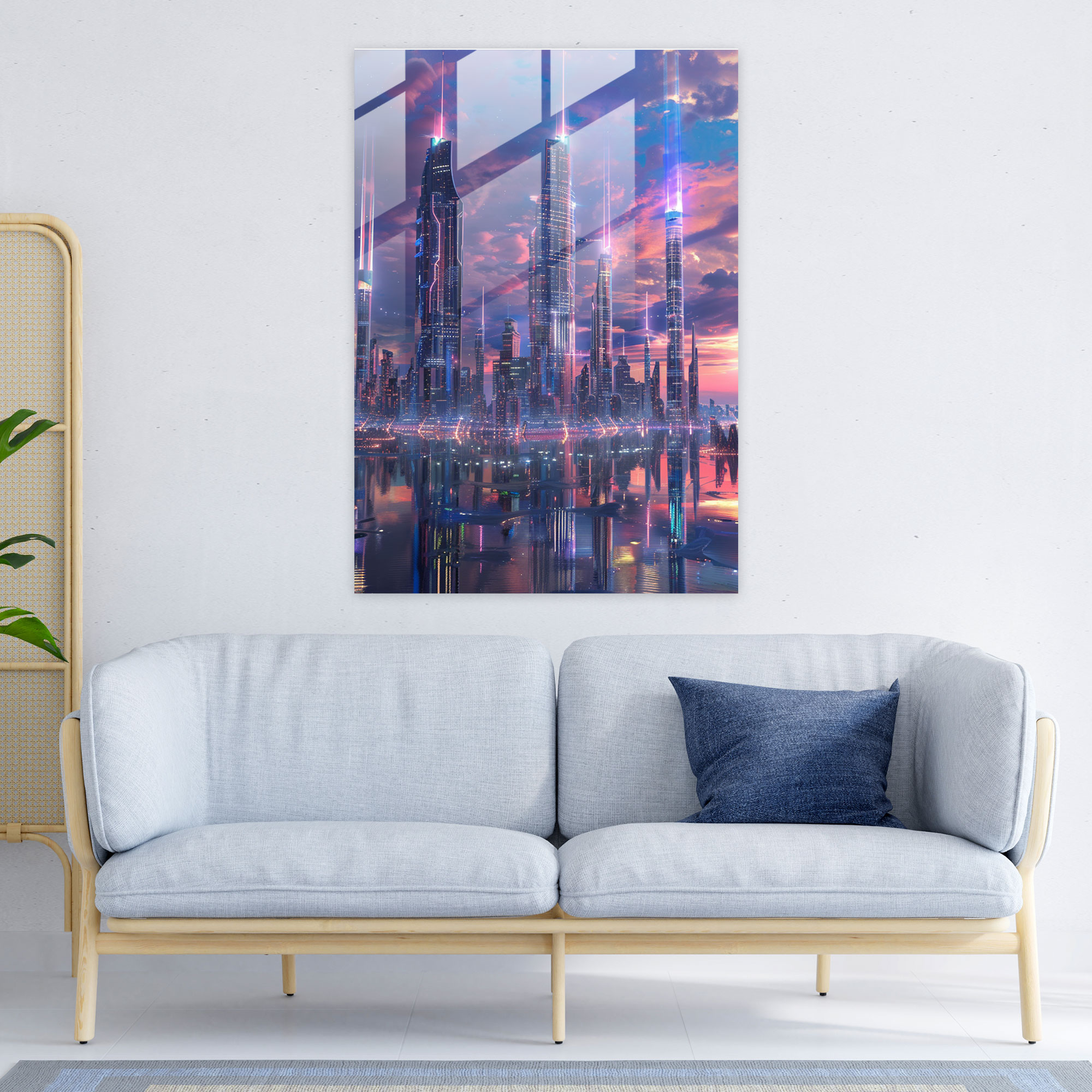 Futurism Art Style Glass Art - Holographic Skyline - Futurism, Glass Wall Art, City Skyline, Glass Print