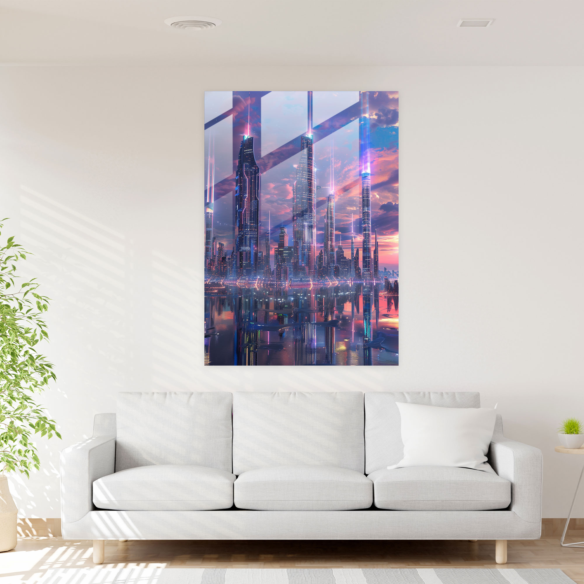 Futurism Art Style Glass Art - Holographic Skyline - Futurism, Glass Wall Art, City Skyline, Glass Print