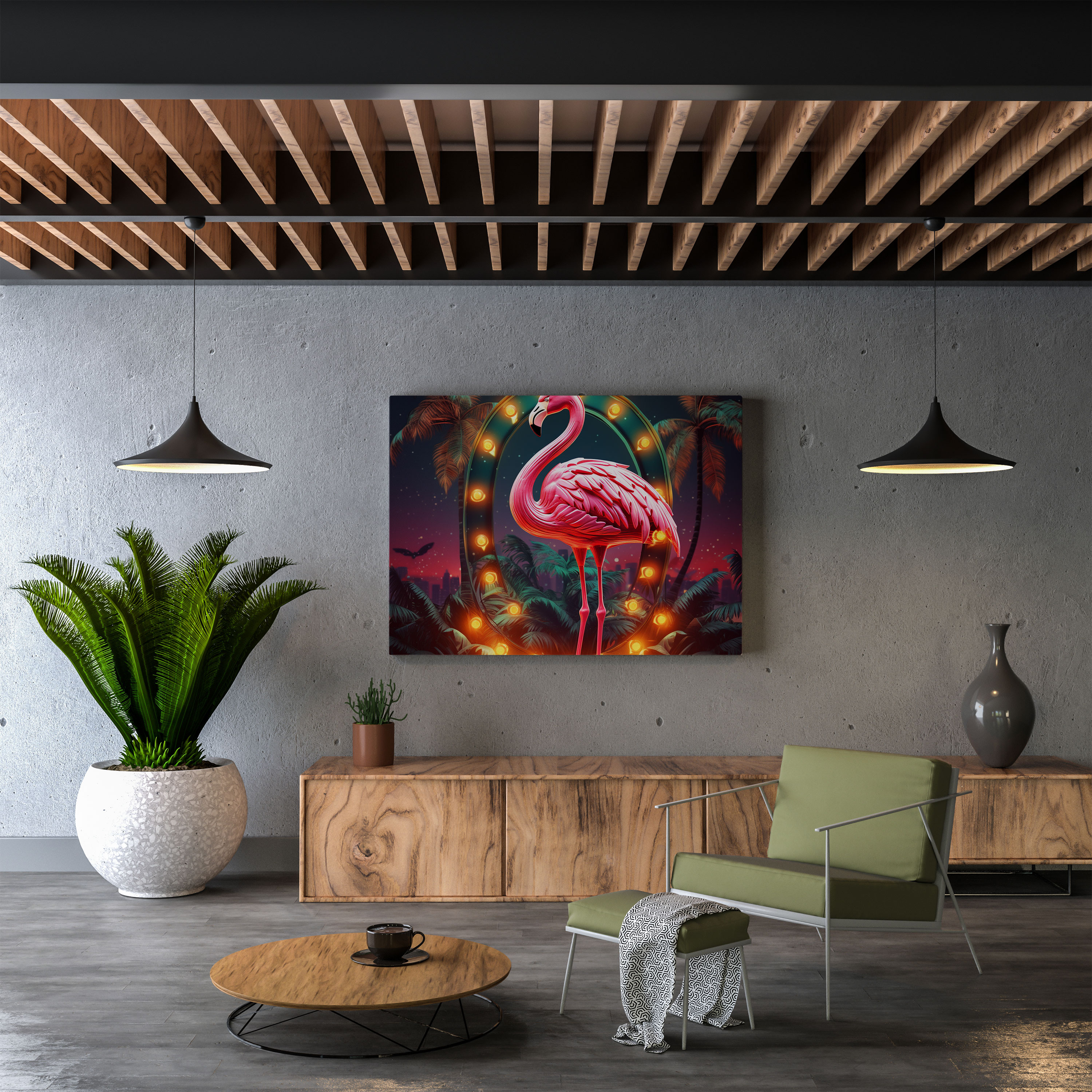 Funky Wall Art - Retro Neon Flamingo Canvas Print - Funky, Wall Art, Canvas Print, Home Decoration