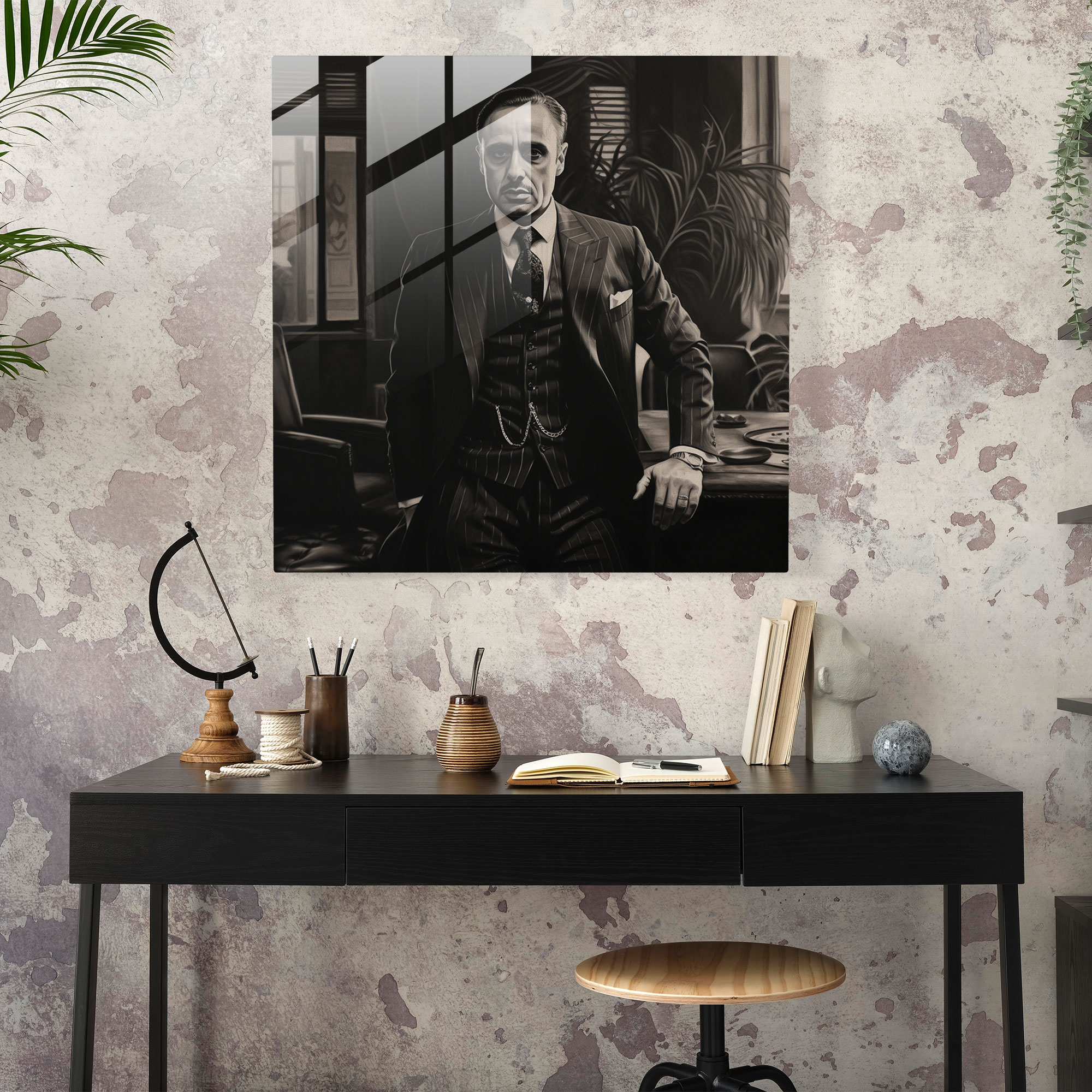 Godfather Glass Print - Realistic Charcoal Drawing - Godfather, Modern Art, Realistic Charcoal Drawing, Home Decoration