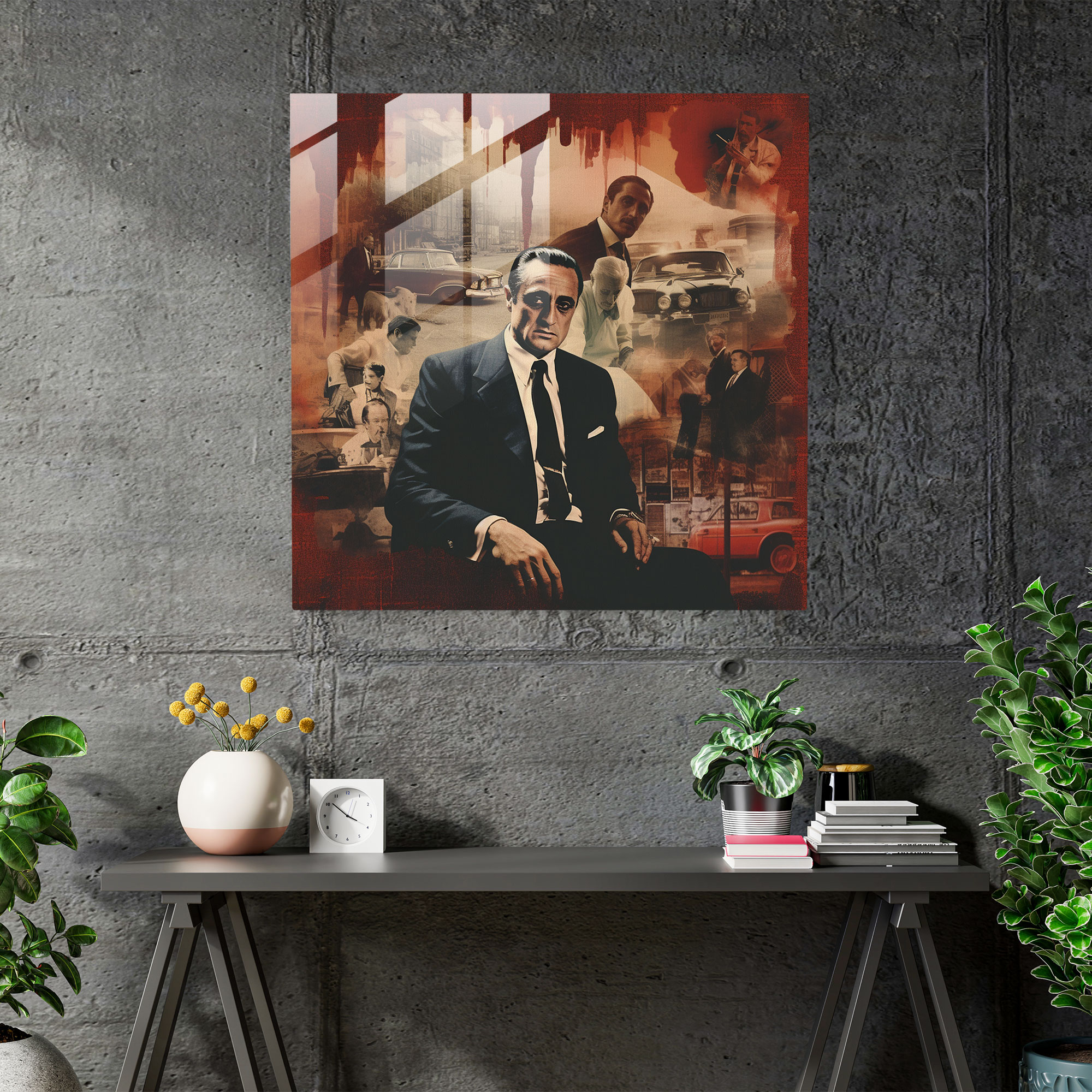 Godfather Glass Print - Godfather, Modern Art, Retro Collage Artwork, Home Decoration