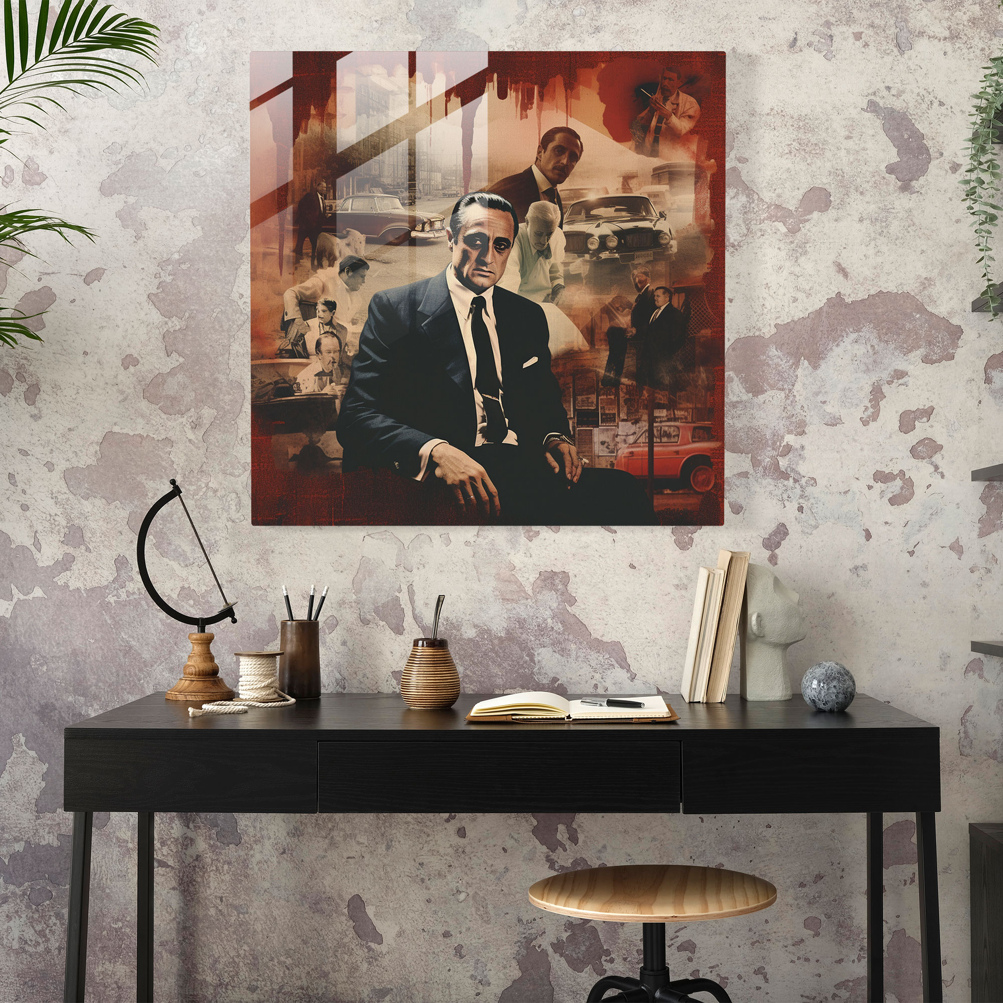 Godfather Glass Print - Godfather, Modern Art, Retro Collage Artwork, Home Decoration