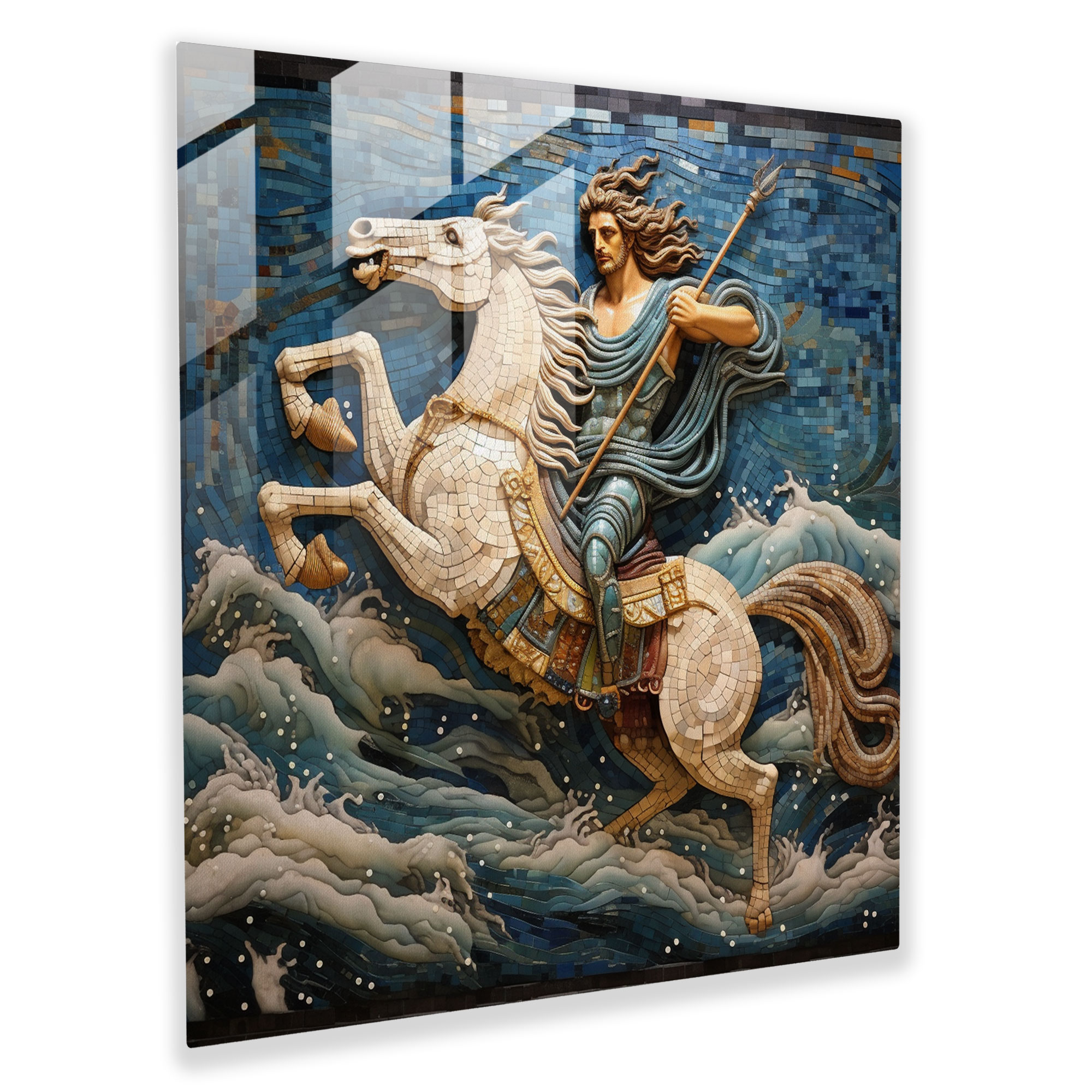 Vibrant Mosaic Glass Print - Poseidon's Chariot of the Sea