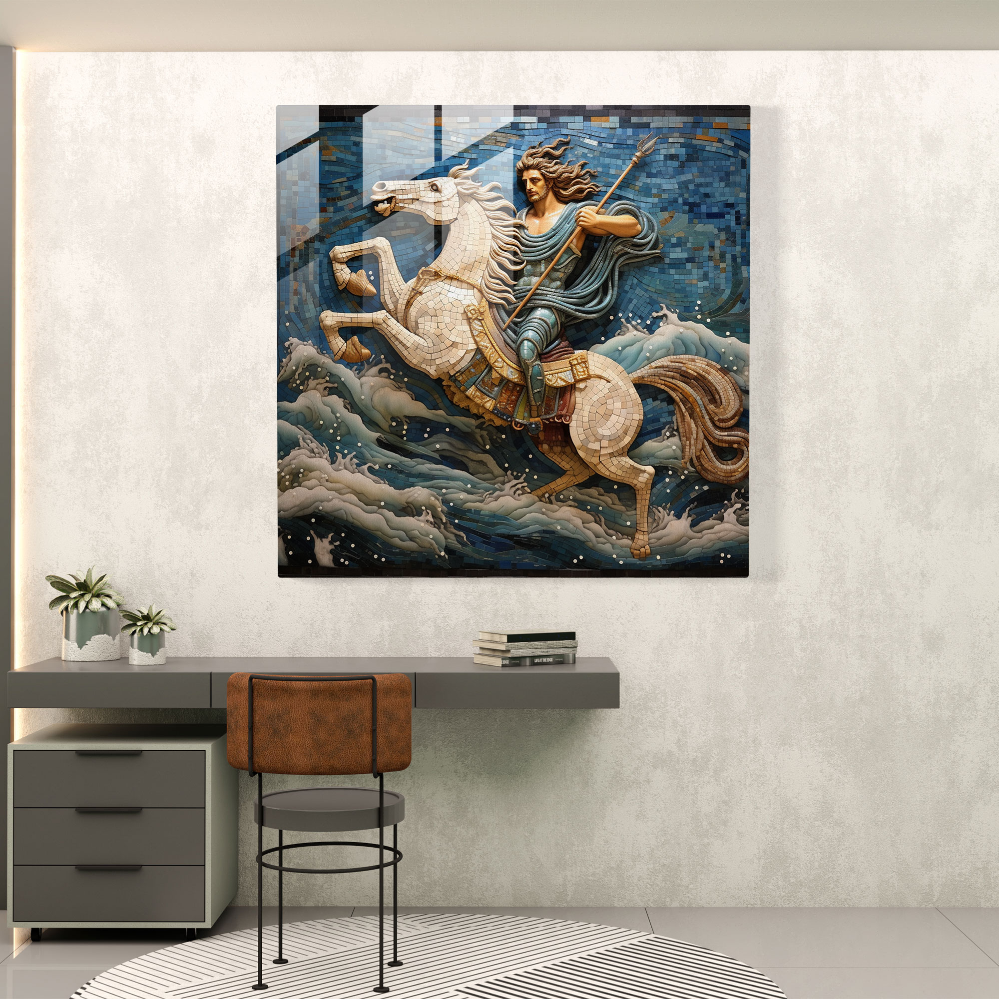 Vibrant Mosaic Glass Print - Poseidon's Chariot of the Sea