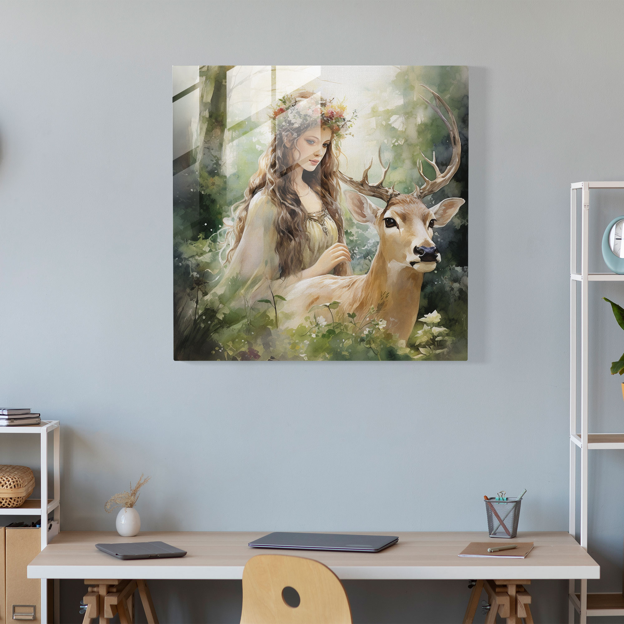 Mystische Aquarellglasabbildung - Artemis im verzauberten Wald