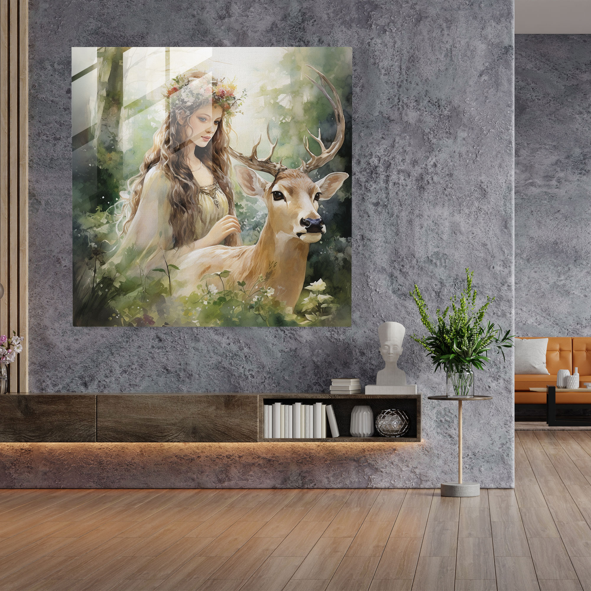 Mystische Aquarellglasabbildung - Artemis im verzauberten Wald
