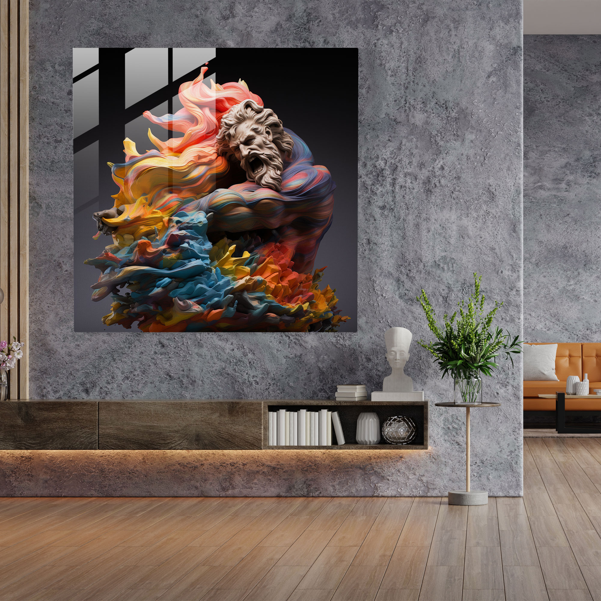 Detailreiches Glasbild: Zeitgenössische abstrakte Skulptur von Zeus und Poseidon im Kampf inmitten eines Meeres lebhafter Farben - Glasbild Wohnkultur Wanddeko Glas Kunst moderne Kunstwerke