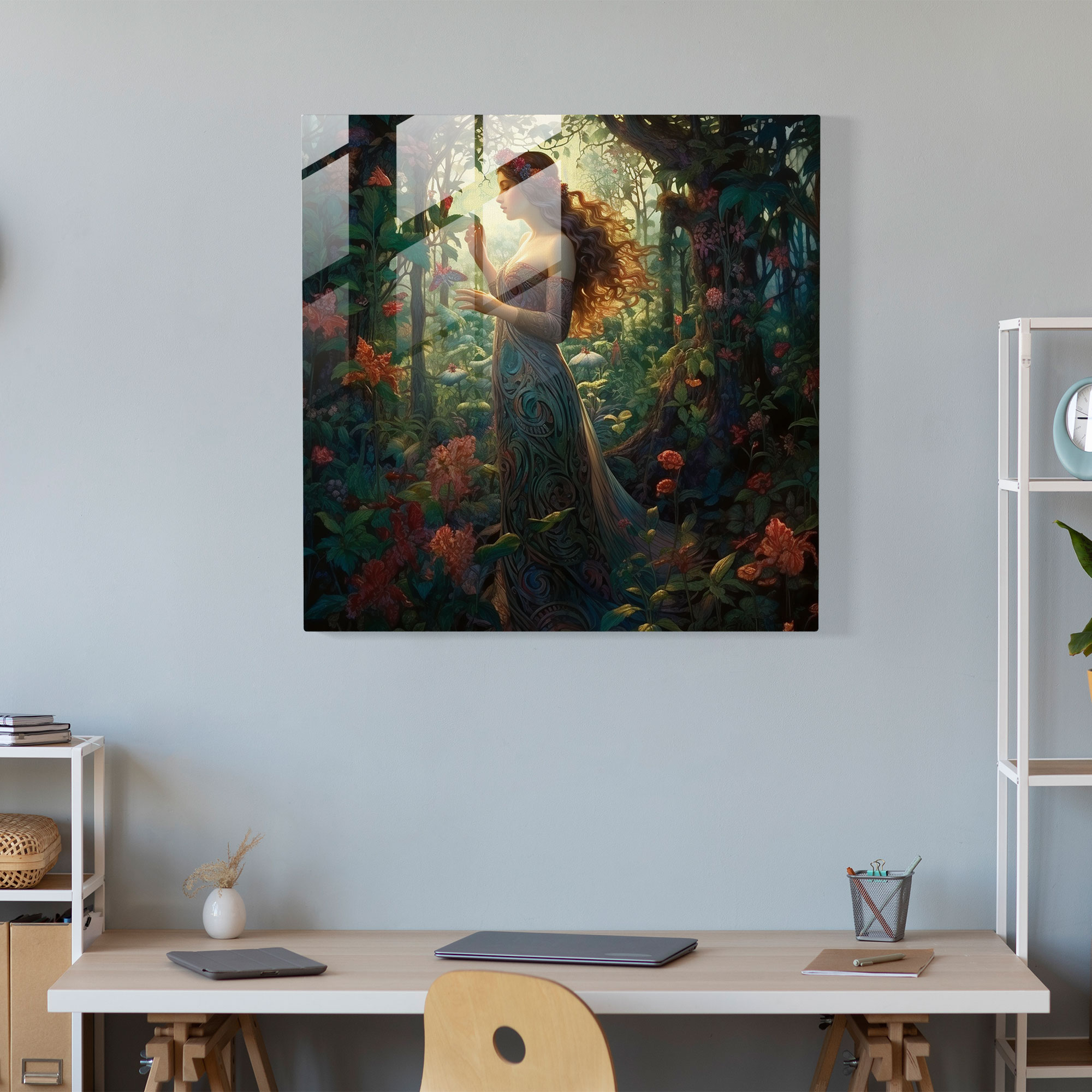 Verzauberndes Glasbild: Jugendstilgemälde eines mystischen Waldes mit der anmutig auftauchenden Aphrodite inmitten zarter Blumen - Glaswandkunst Wohnkultur Wanddekoration Glasbild moderne Kunstwerke