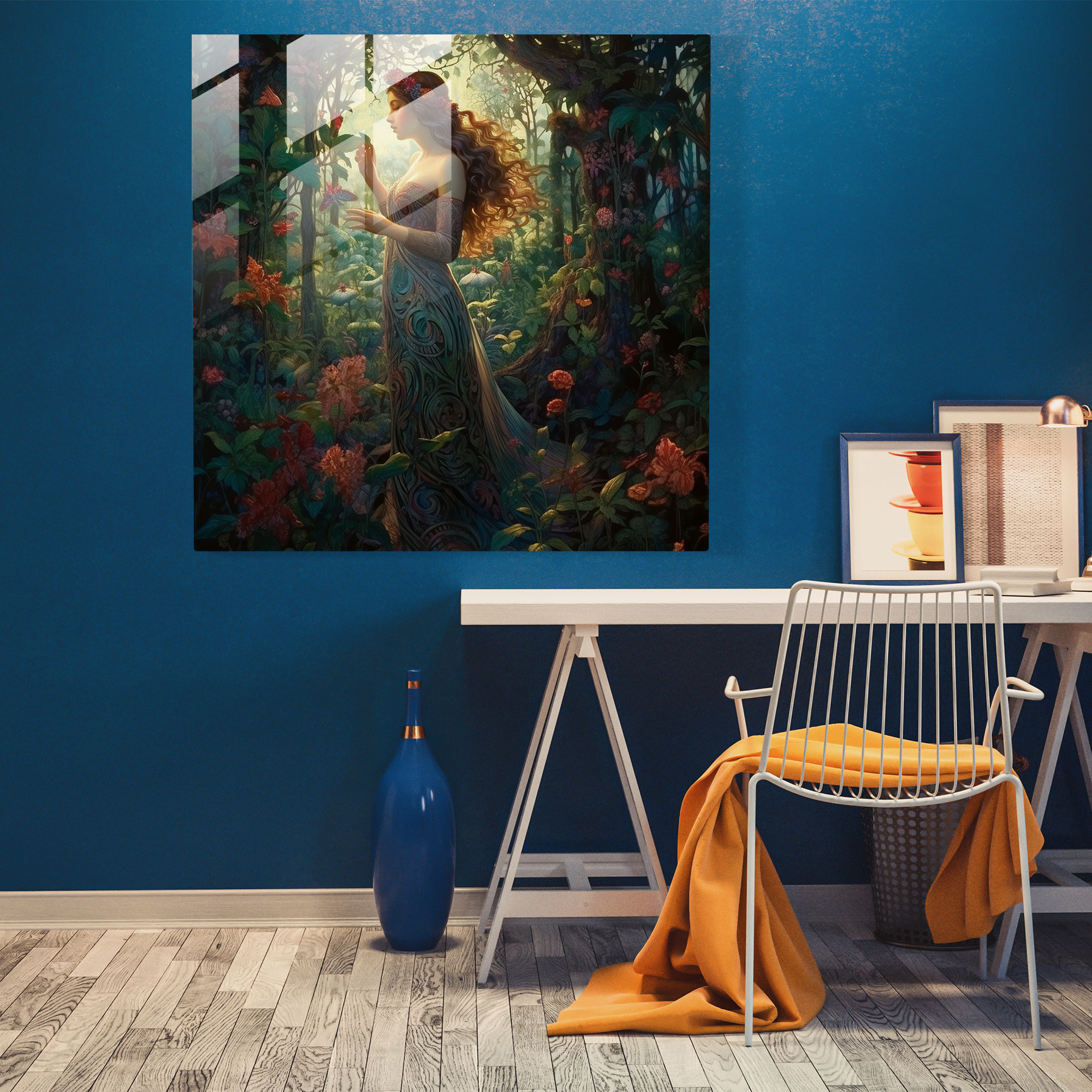 Verzauberndes Glasbild: Jugendstilgemälde eines mystischen Waldes mit der anmutig auftauchenden Aphrodite inmitten zarter Blumen - Glaswandkunst Wohnkultur Wanddekoration Glasbild moderne Kunstwerke