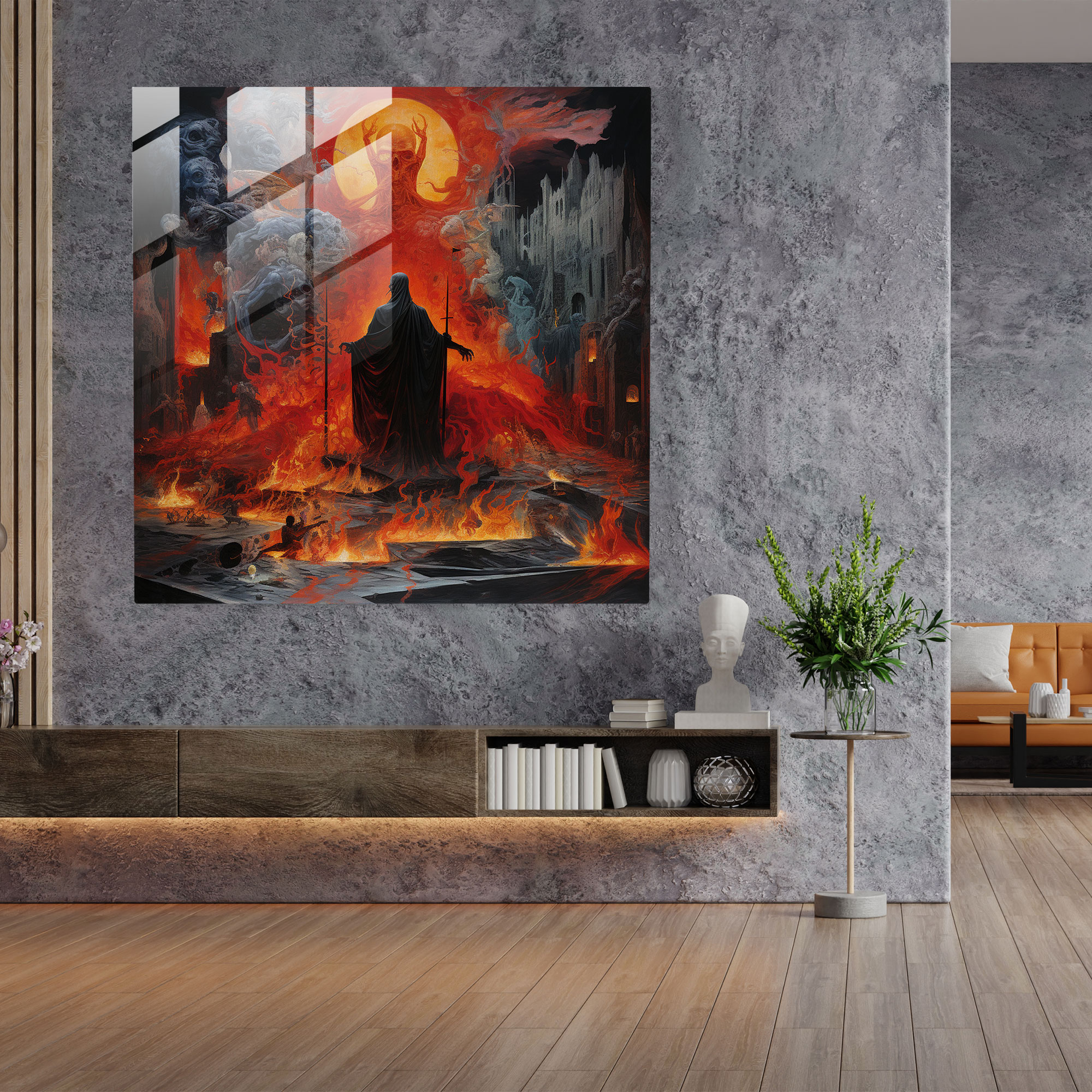 Captivating Glass Print: Expressionist Collage of Hades Ruling the Underworld Surrounded by Fiery Souls and Dark Symbolism - Glass Wall Art, Home Decoration, Wall Decor, Glass Art, Modern Artwork