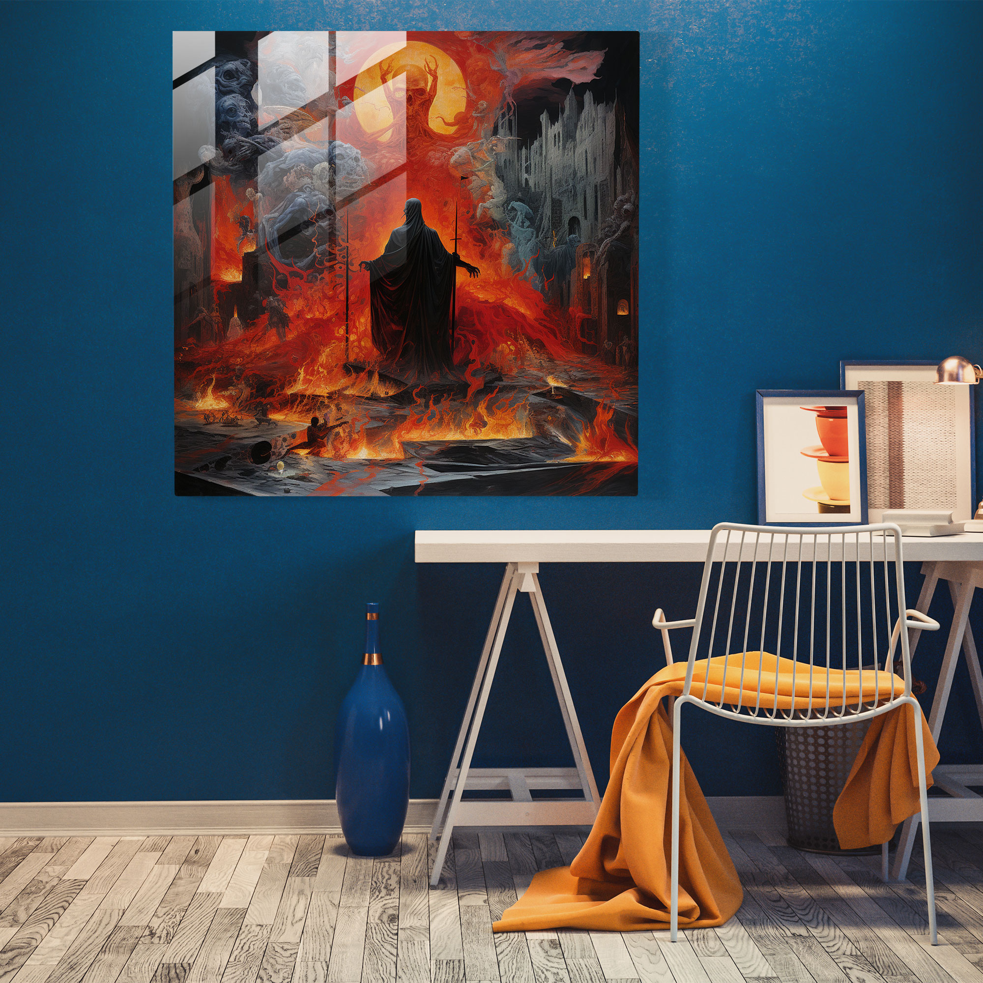 Captivating Glass Print: Expressionist Collage of Hades Ruling the Underworld Surrounded by Fiery Souls and Dark Symbolism - Glass Wall Art, Home Decoration, Wall Decor, Glass Art, Modern Artwork