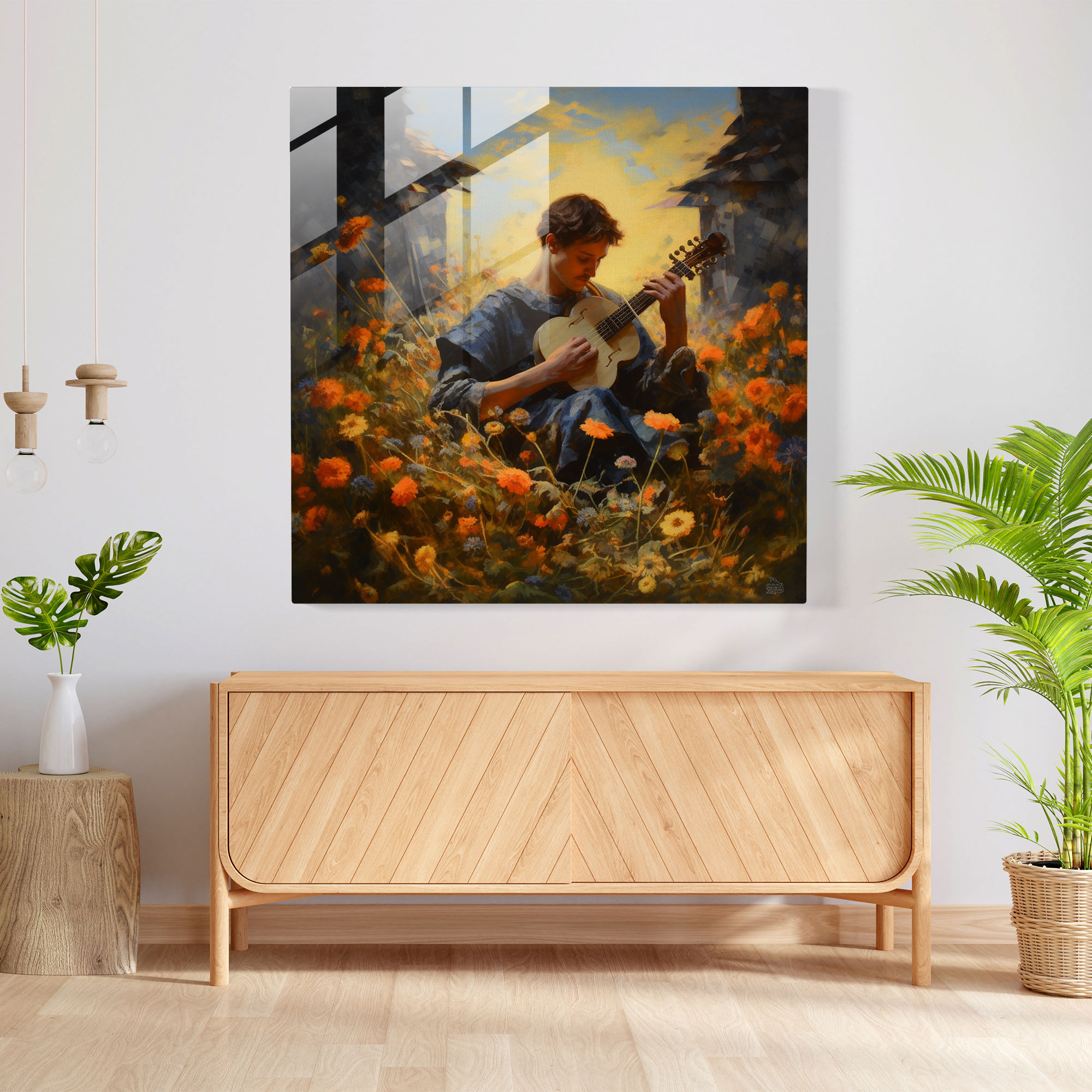 Strahlendes Glasbild: Impressionistisches Gemälde von Apollo der seine Lyra unter einer strahlenden Sonne inmitten eines Feldes wilder Blumen spielt - Glaswandkunst Wohnkultur Wanddekoration Glaskunst Modernes Kunstwerk.