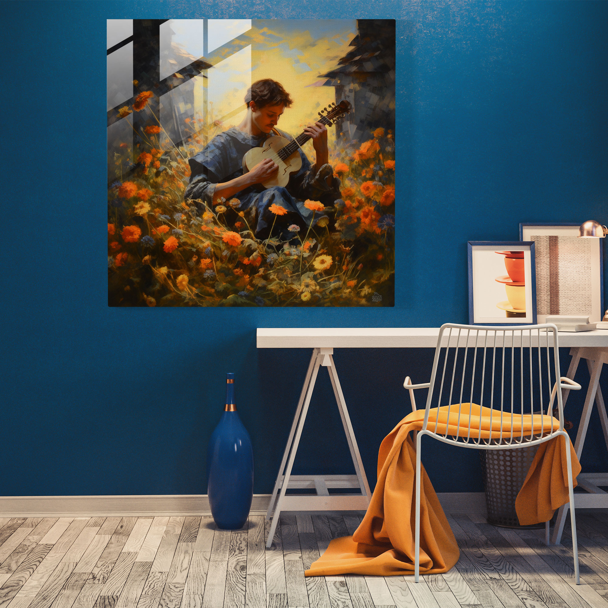 Strahlendes Glasbild: Impressionistisches Gemälde von Apollo der seine Lyra unter einer strahlenden Sonne inmitten eines Feldes wilder Blumen spielt - Glaswandkunst Wohnkultur Wanddekoration Glaskunst Modernes Kunstwerk.