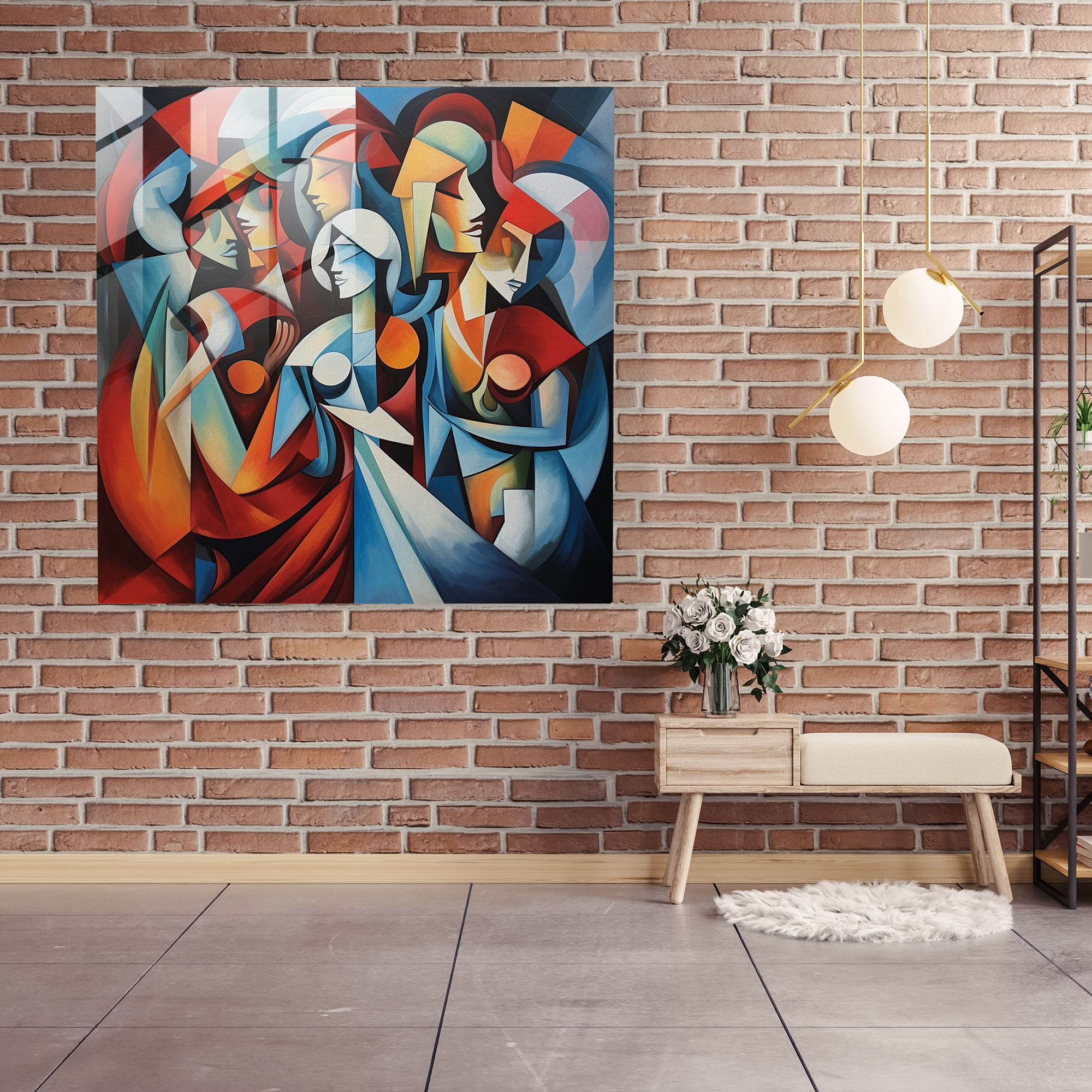 Dynamisches Glasbild: Kubistisches Gemälde mehrerer griechischer Götter und Göttinnen in abstrakter Form - Glaswandkunst Wohnkultur Wanddekoration Glasbild Moderne Kunstwerk