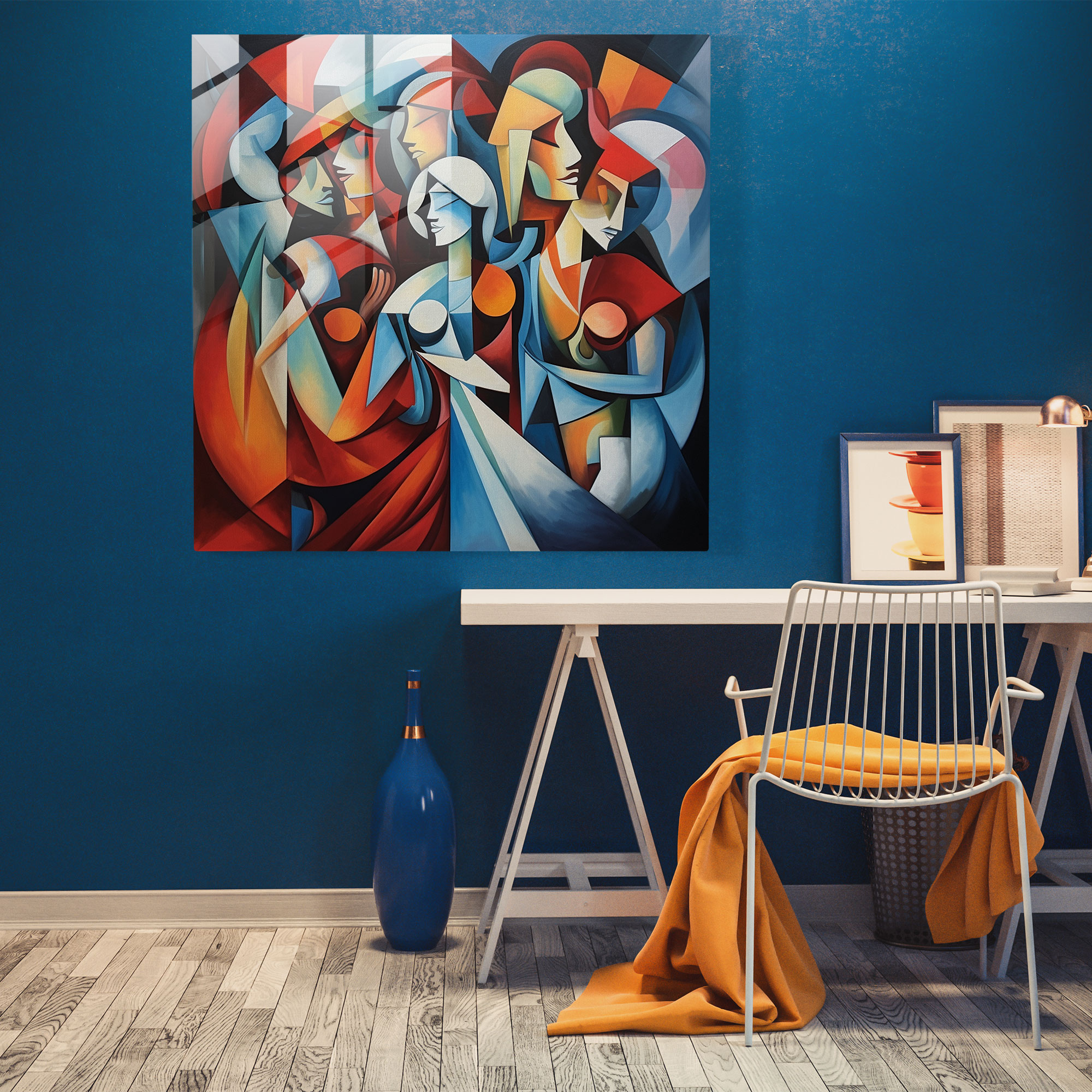 Dynamisches Glasbild: Kubistisches Gemälde mehrerer griechischer Götter und Göttinnen in abstrakter Form - Glaswandkunst Wohnkultur Wanddekoration Glasbild Moderne Kunstwerk