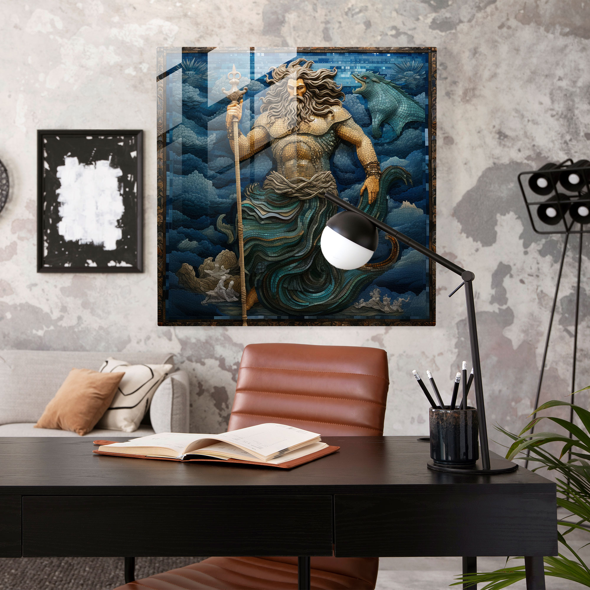 Poseidons Meeresblauer Herrschaftsglasdruck - Mosaikglaswandkunst zur Wohnungsdekoration