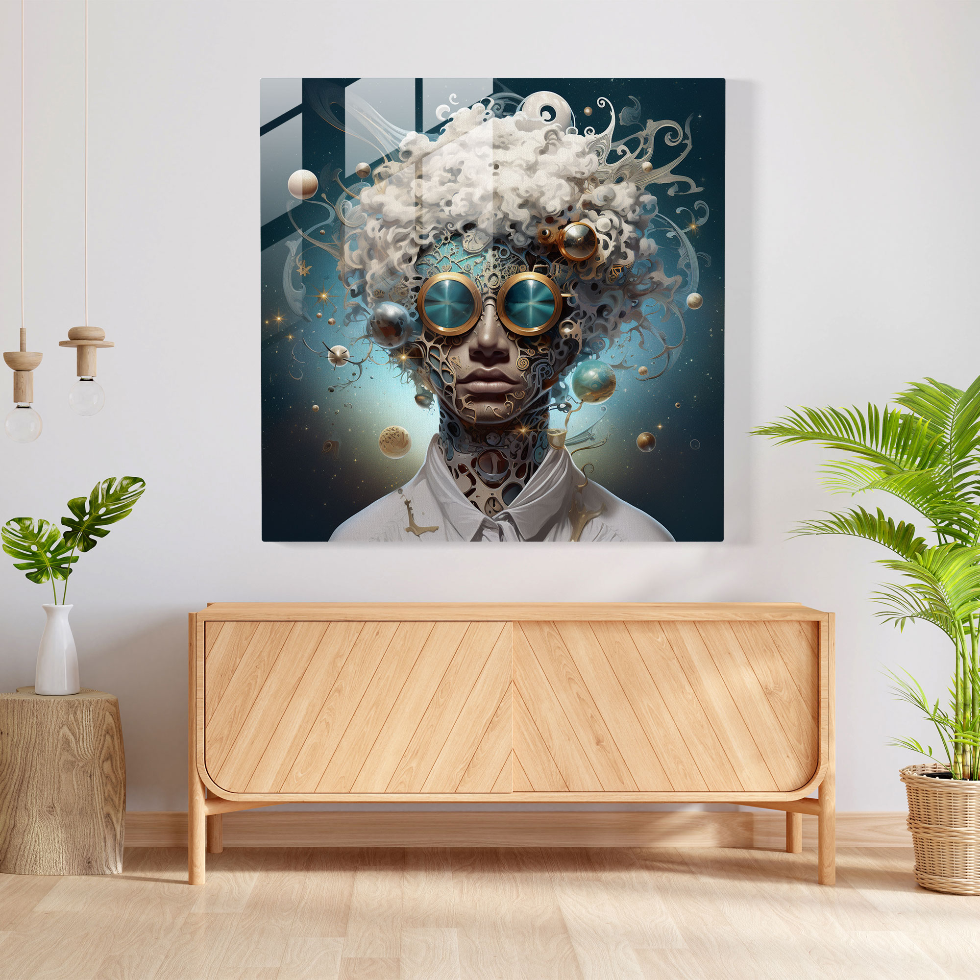Moderne Glasdrucke Celestial Elements - Surreales Porträt eines Gottes - Glaswandkunst für die Wohnraumdekoration