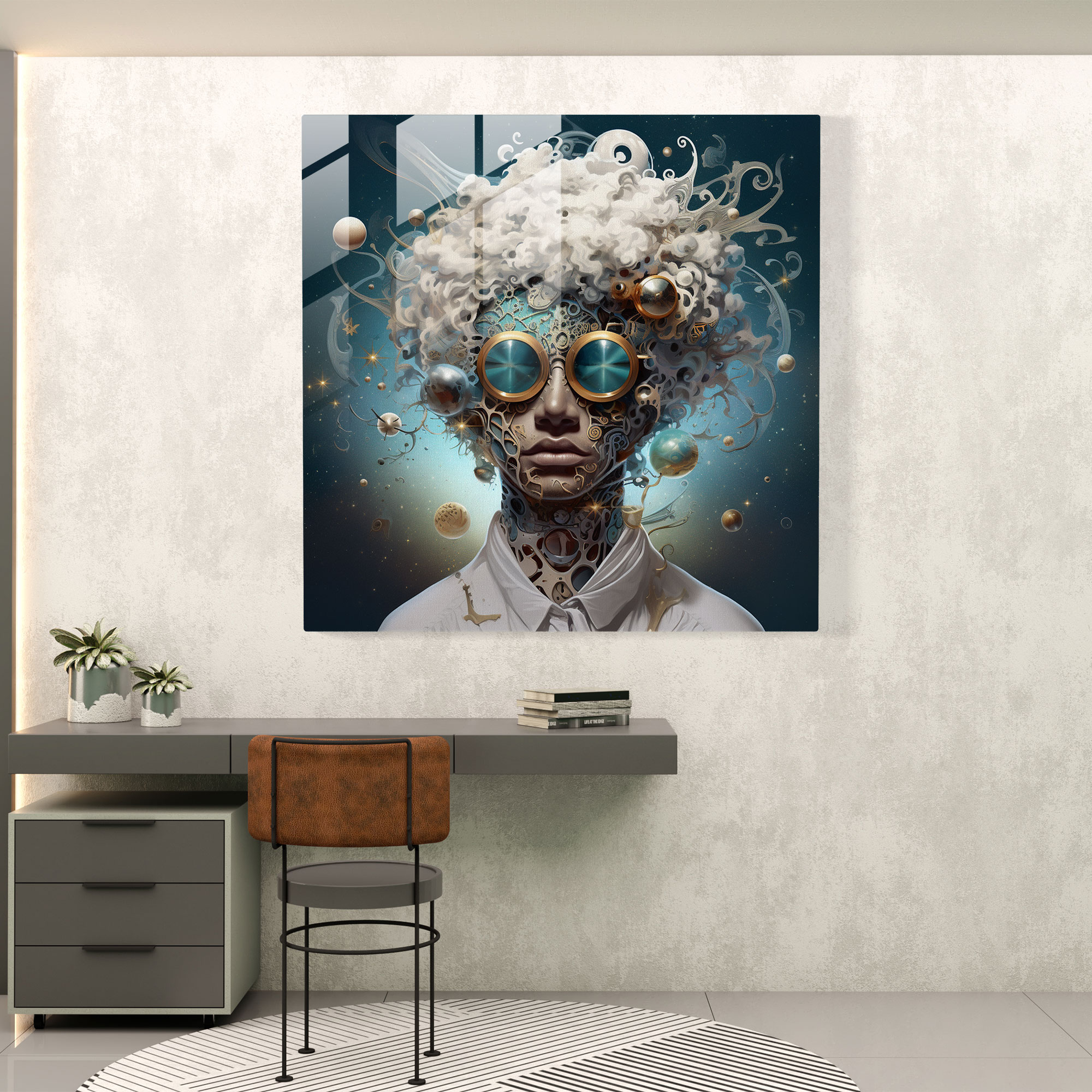 Moderne Glasdrucke Celestial Elements - Surreales Porträt eines Gottes - Glaswandkunst für die Wohnraumdekoration