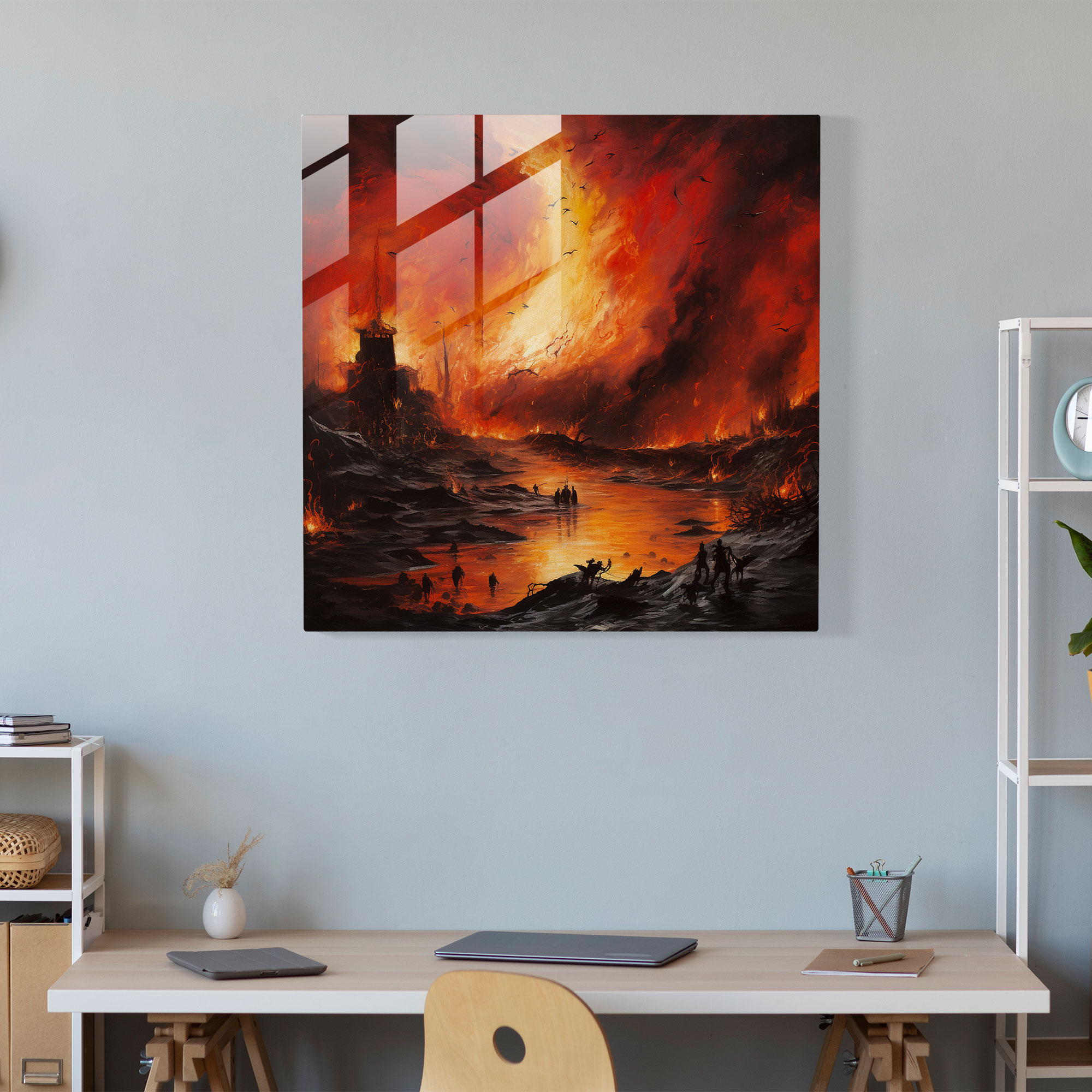 Fiery Realm Neo-Expressionist Glass Print - Gods Battling in Landscape - Glass Wall Art for Home Decoration