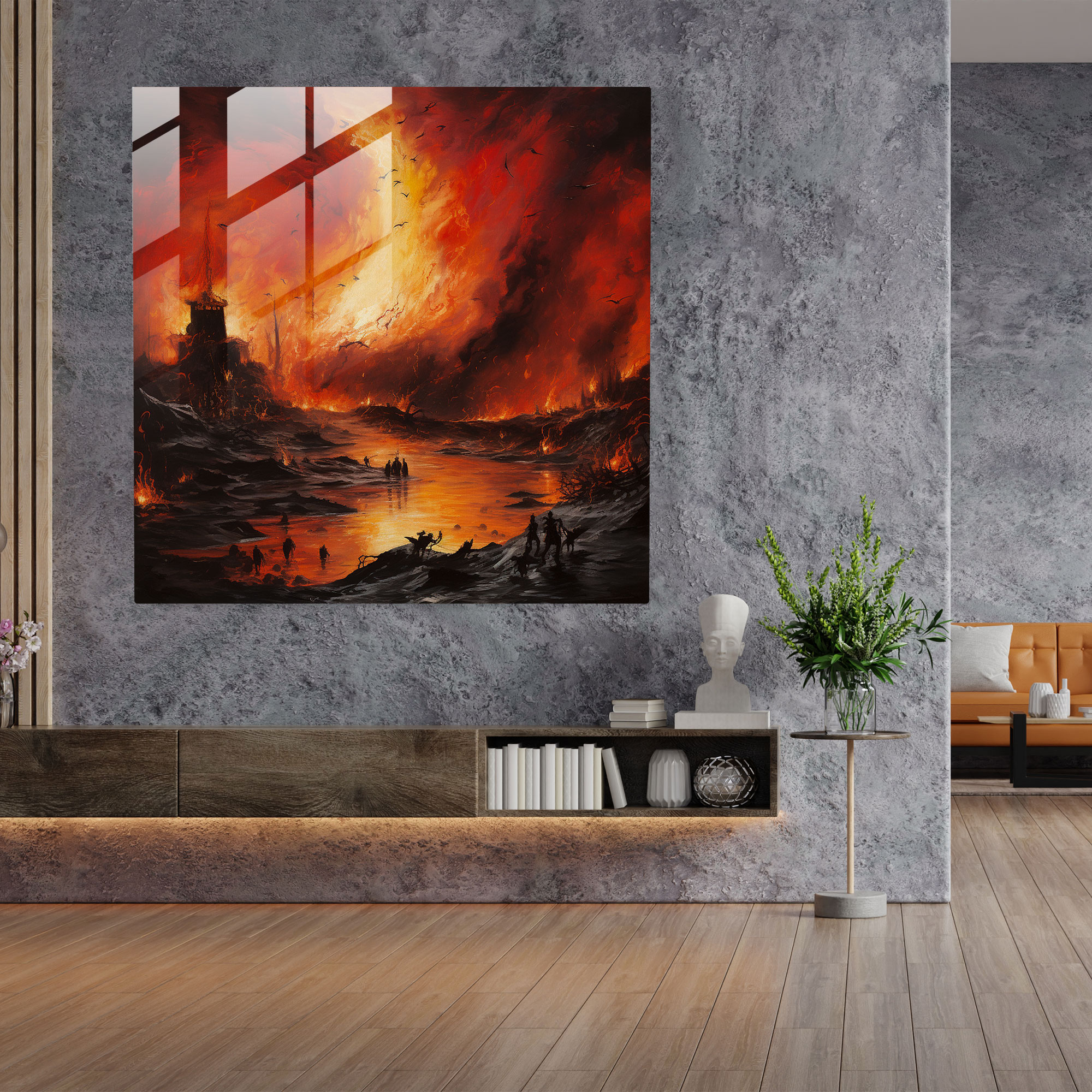 Fiery Realm Neo-Expressionist Glass Print - Gods Battling in Landscape - Glass Wall Art for Home Decoration
