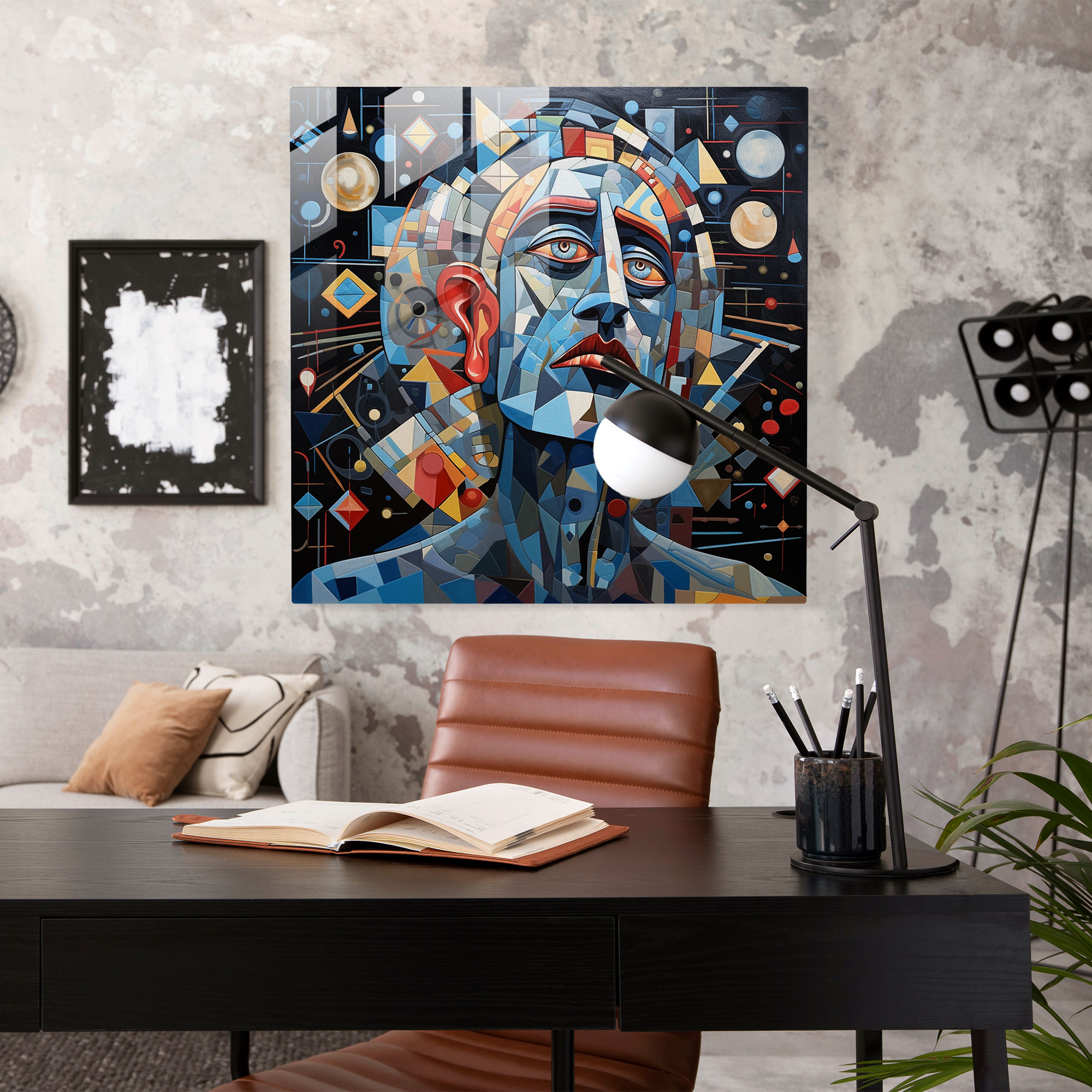 Cosmic Geometrics Cubist Glass Print - God with Mosaic Patterns - Glass Wall Art for Home Decoration