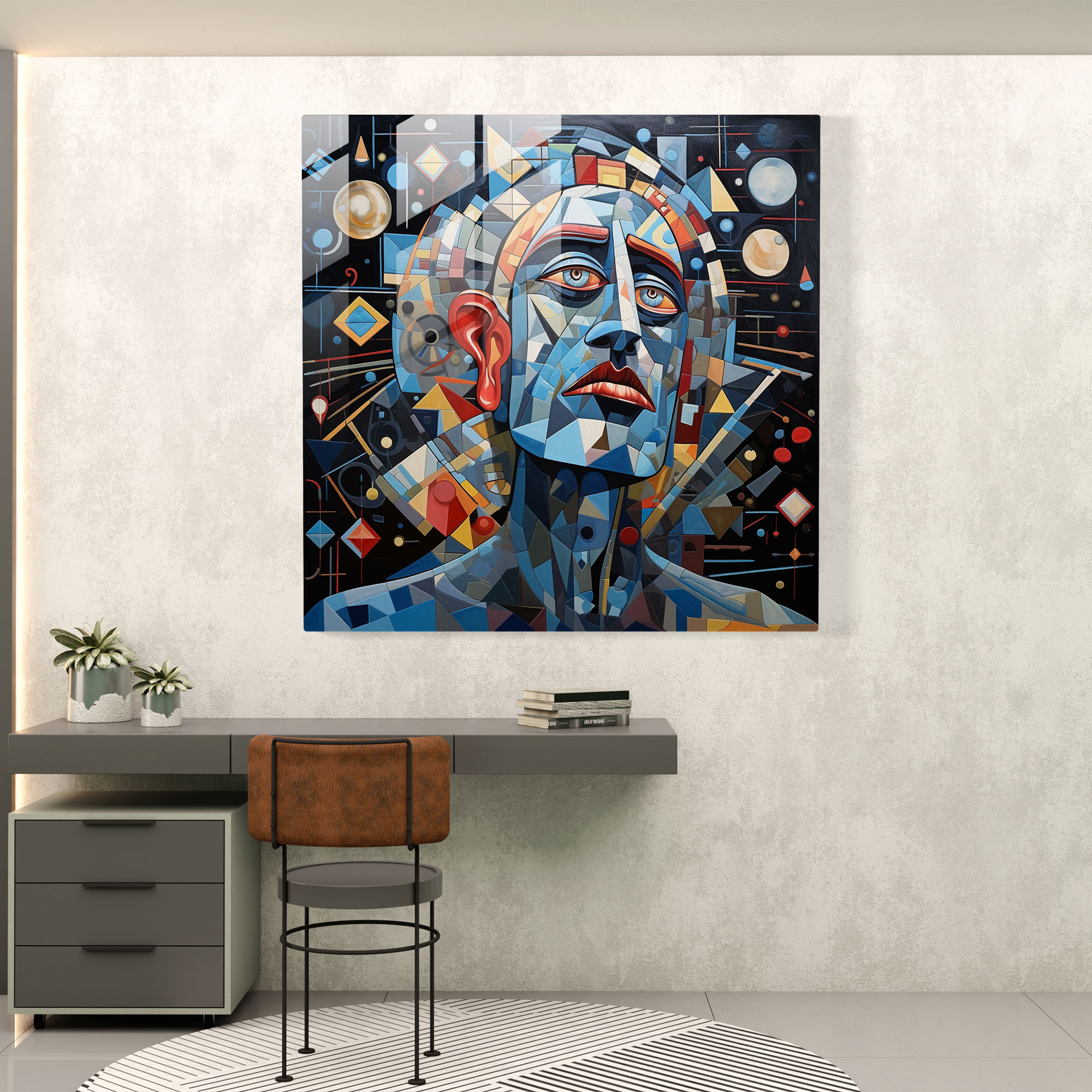 Cosmic Geometrics Cubist Glass Print - God with Mosaic Patterns - Glass Wall Art for Home Decoration